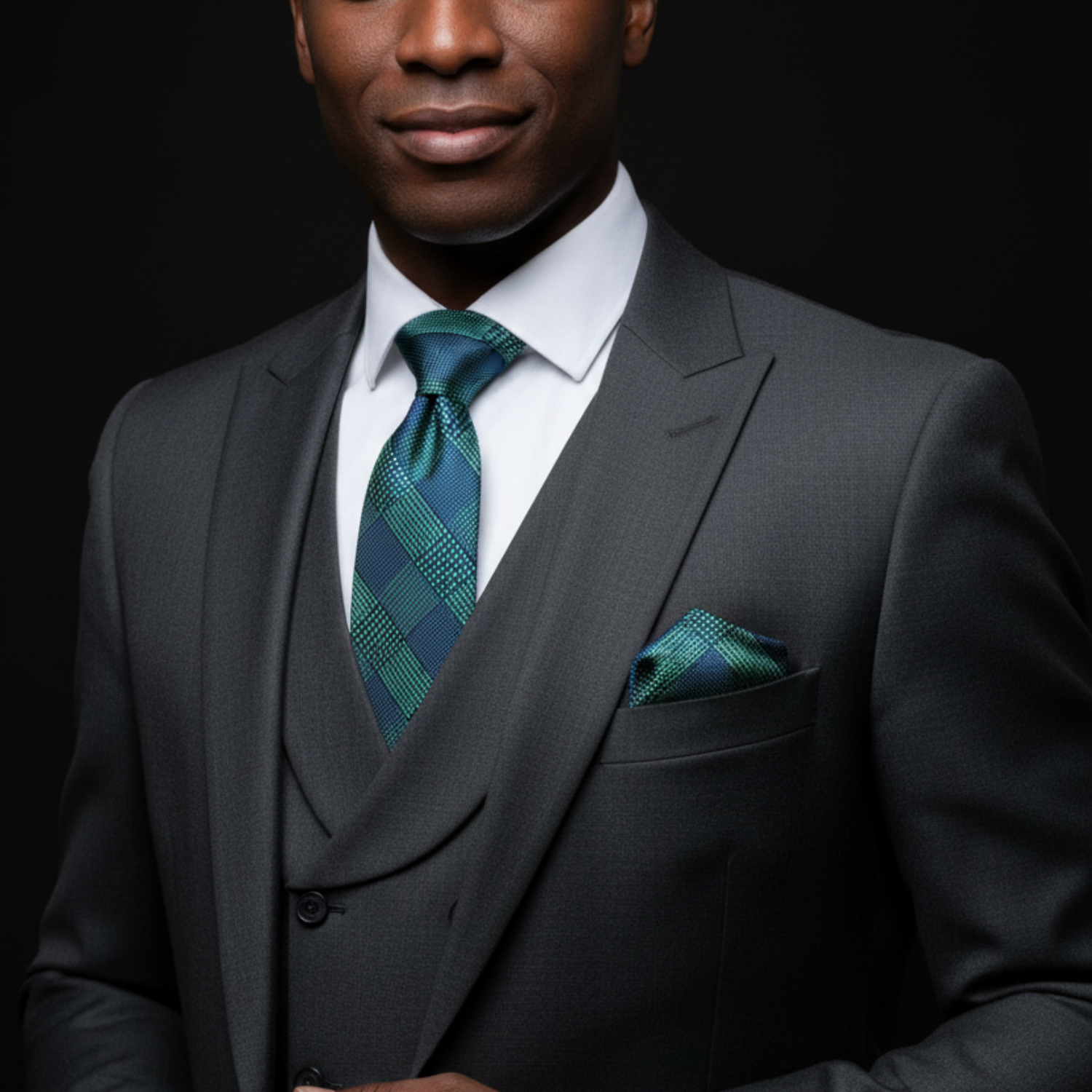 Man wearing a gray suit with a green tie and pocket square on a black background