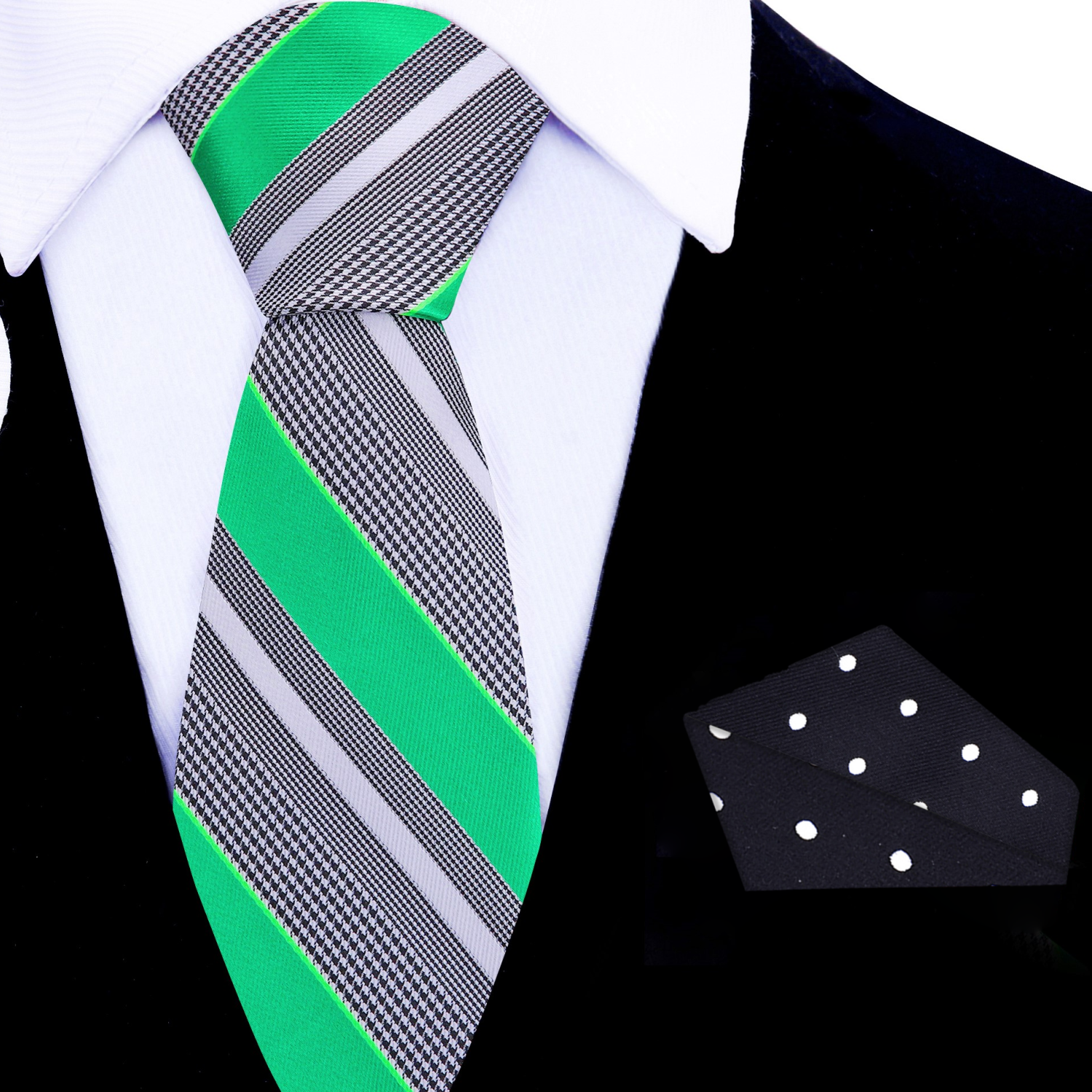 Green, White & Black Striped Necktie with Houndstooth Pattern