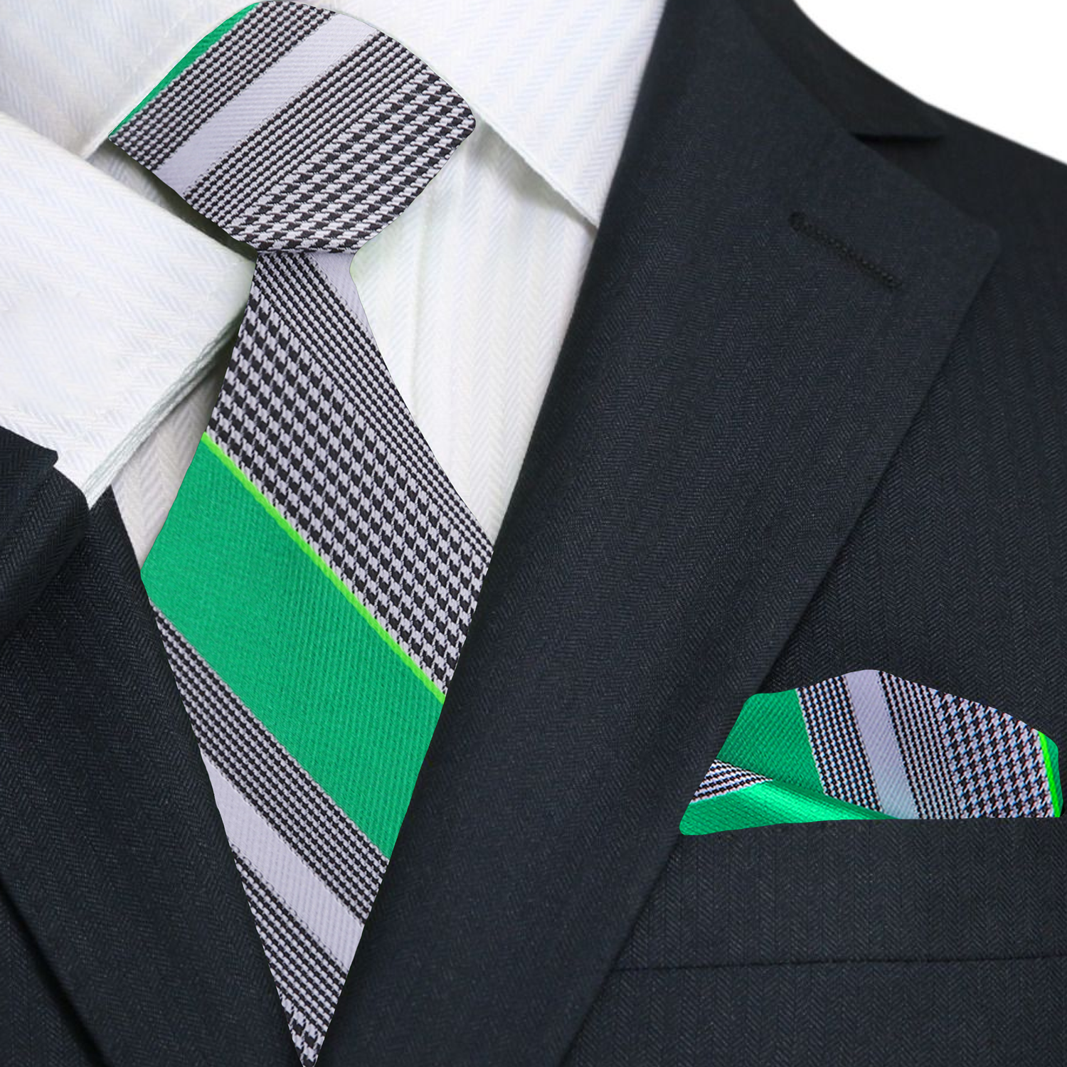 Green, White & Black Striped Necktie with Houndstooth Pattern