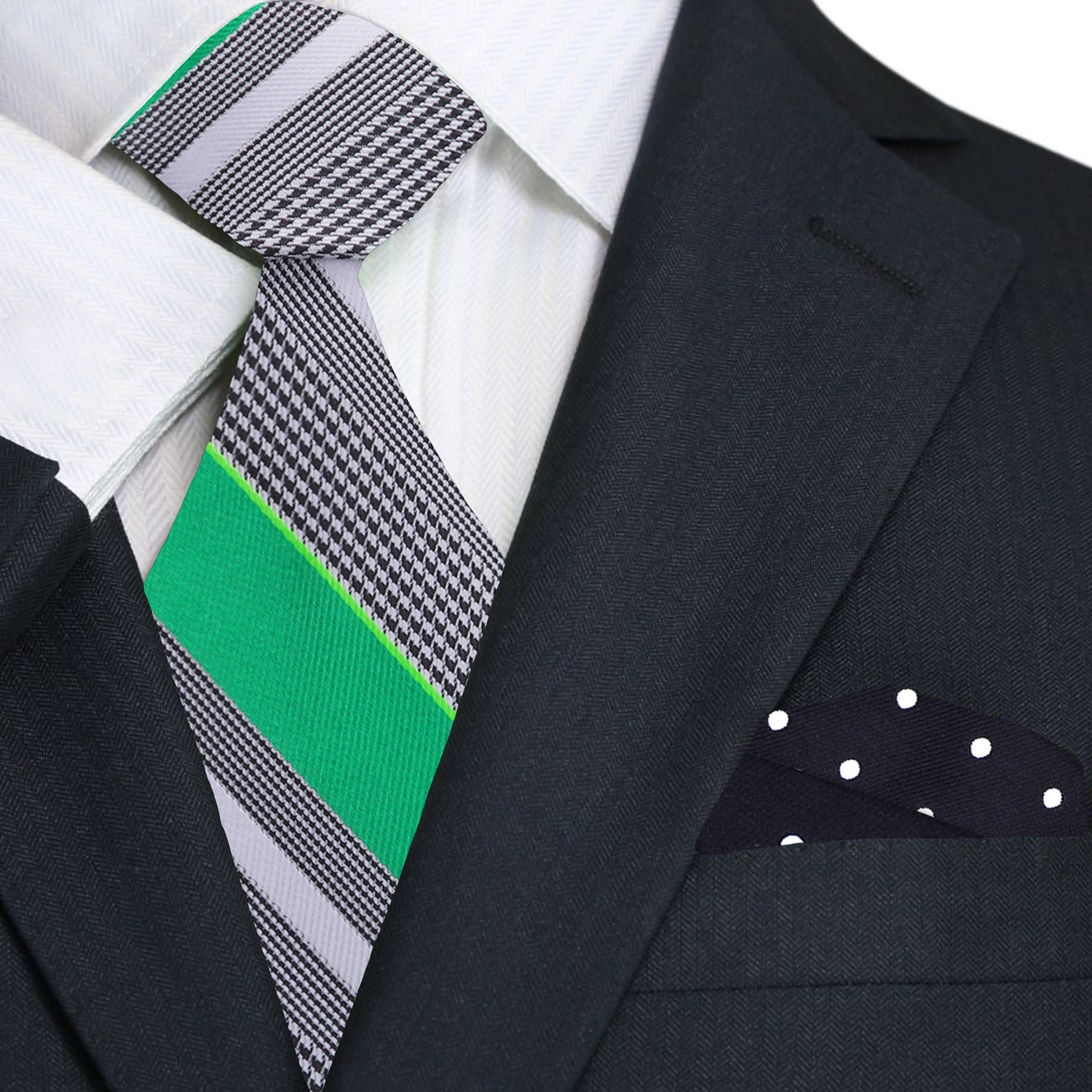 Green, White & Black Striped Necktie with Houndstooth Pattern