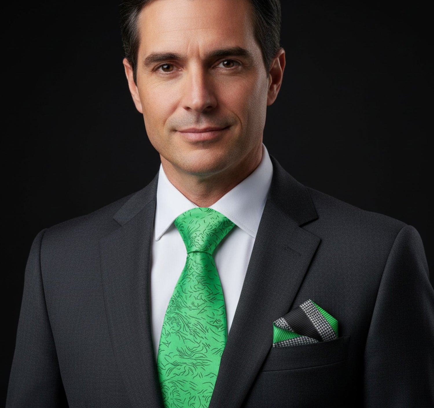 Man wearing a dark suit with a green tie and white shirt against a black background