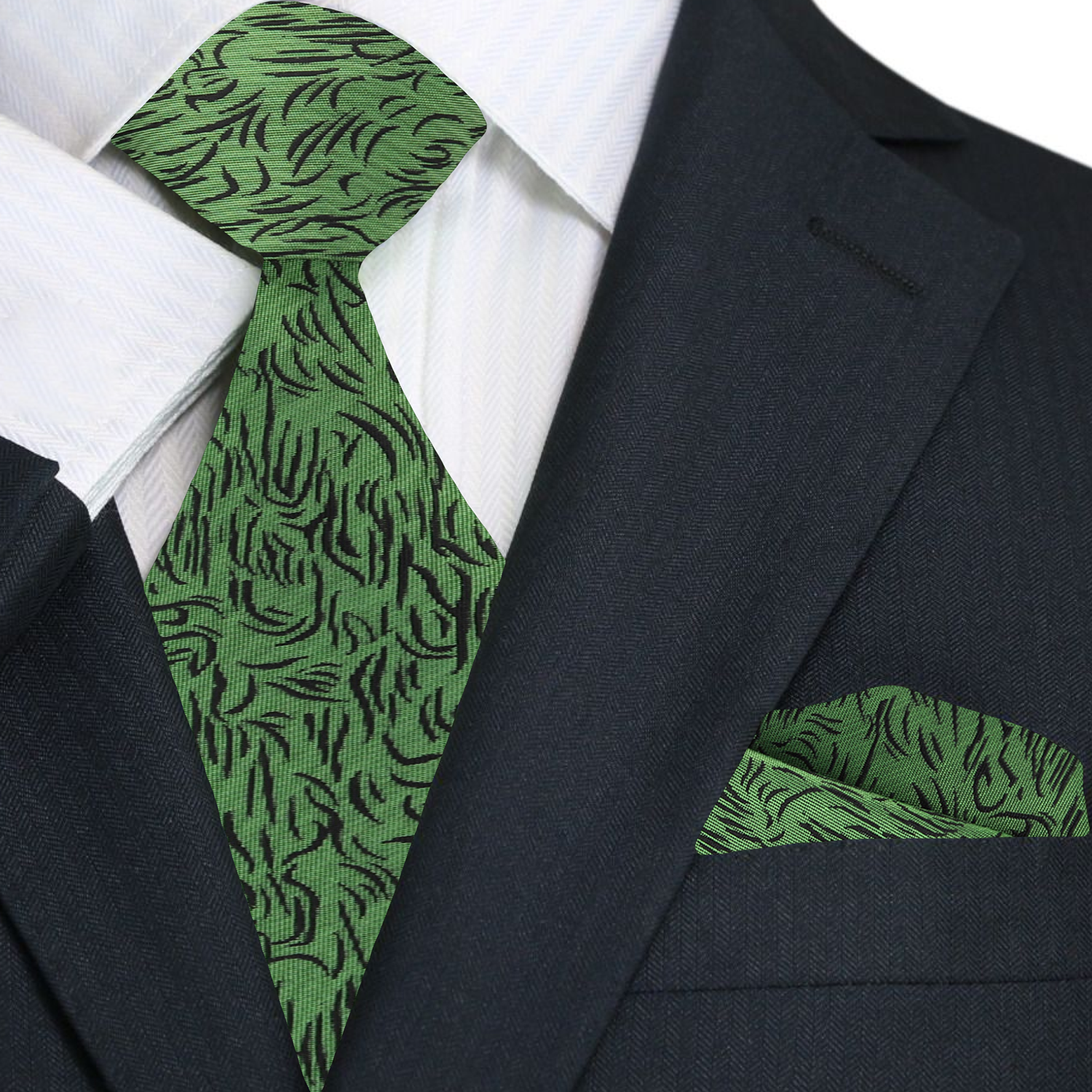 Green and black abstract necktie and pocket square
