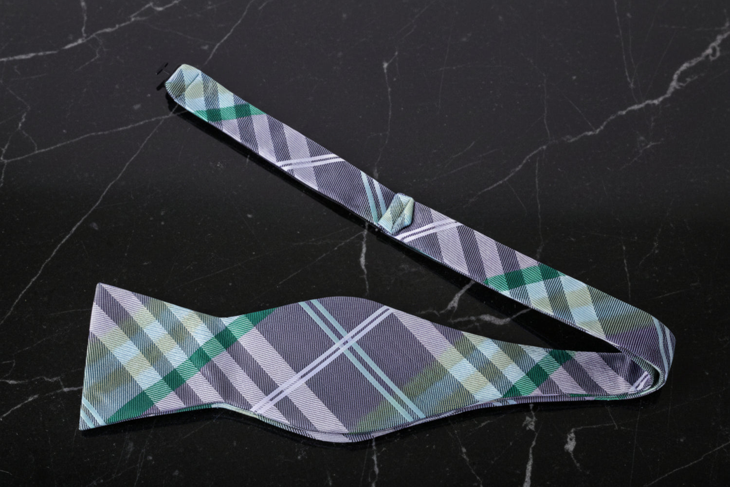 A Grey, Green, Black, White, Plaid Pattern Self Tie Bow Tie Self Tie