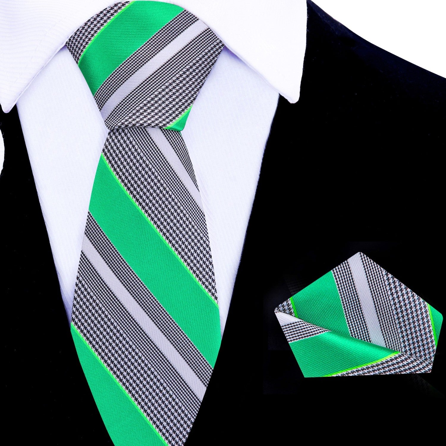 Green, White & Black Striped Necktie with Houndstooth Pattern