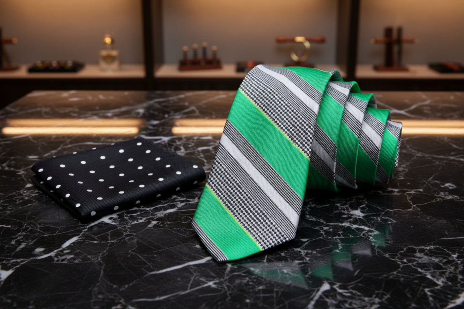 Black polka dot pocket square and green striped tie on a grey background