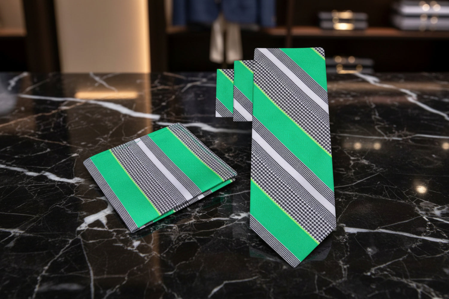 Green and gray striped tie with matching pocket square on a grey background