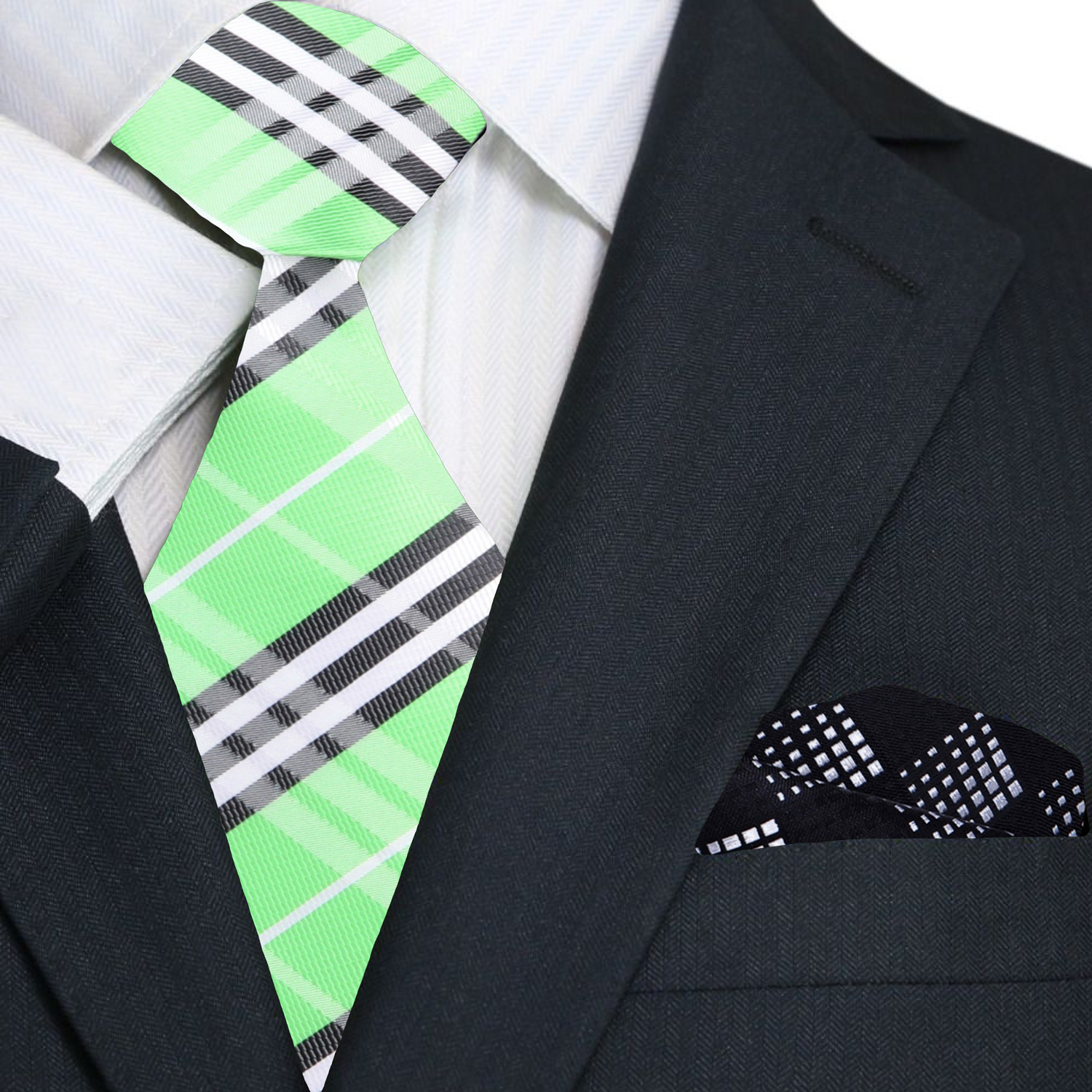 Green Plaid Necktie and Accenting Black Grey Square