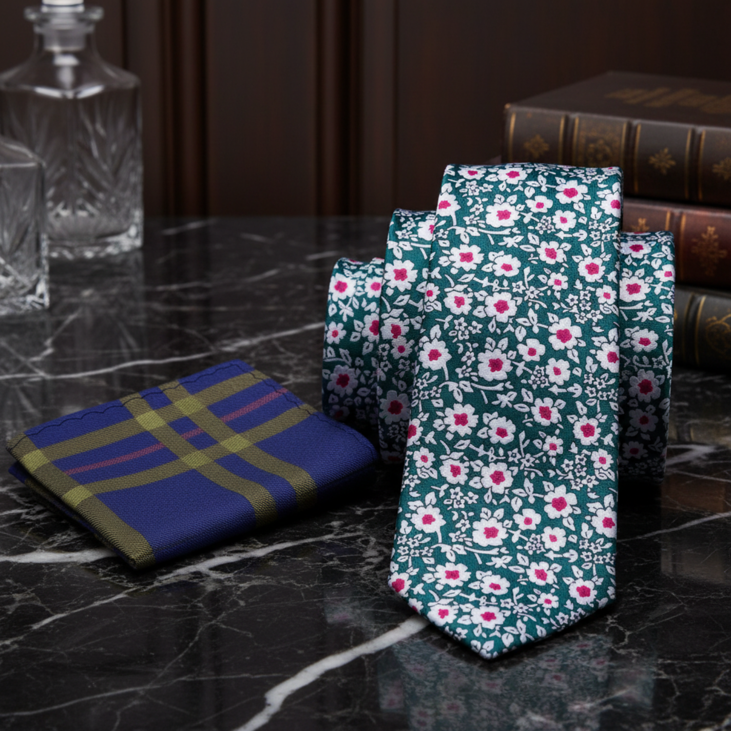 Alt Green, White, Pink Small Flowers Necktie and Accenting Plaid Paisley Square