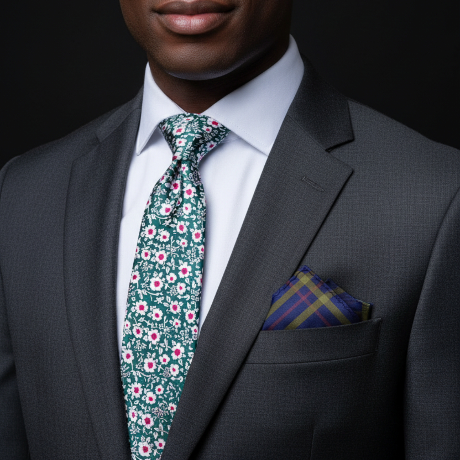 Man wearing a gray suit with a floral tie and plaid pocket square on a black background