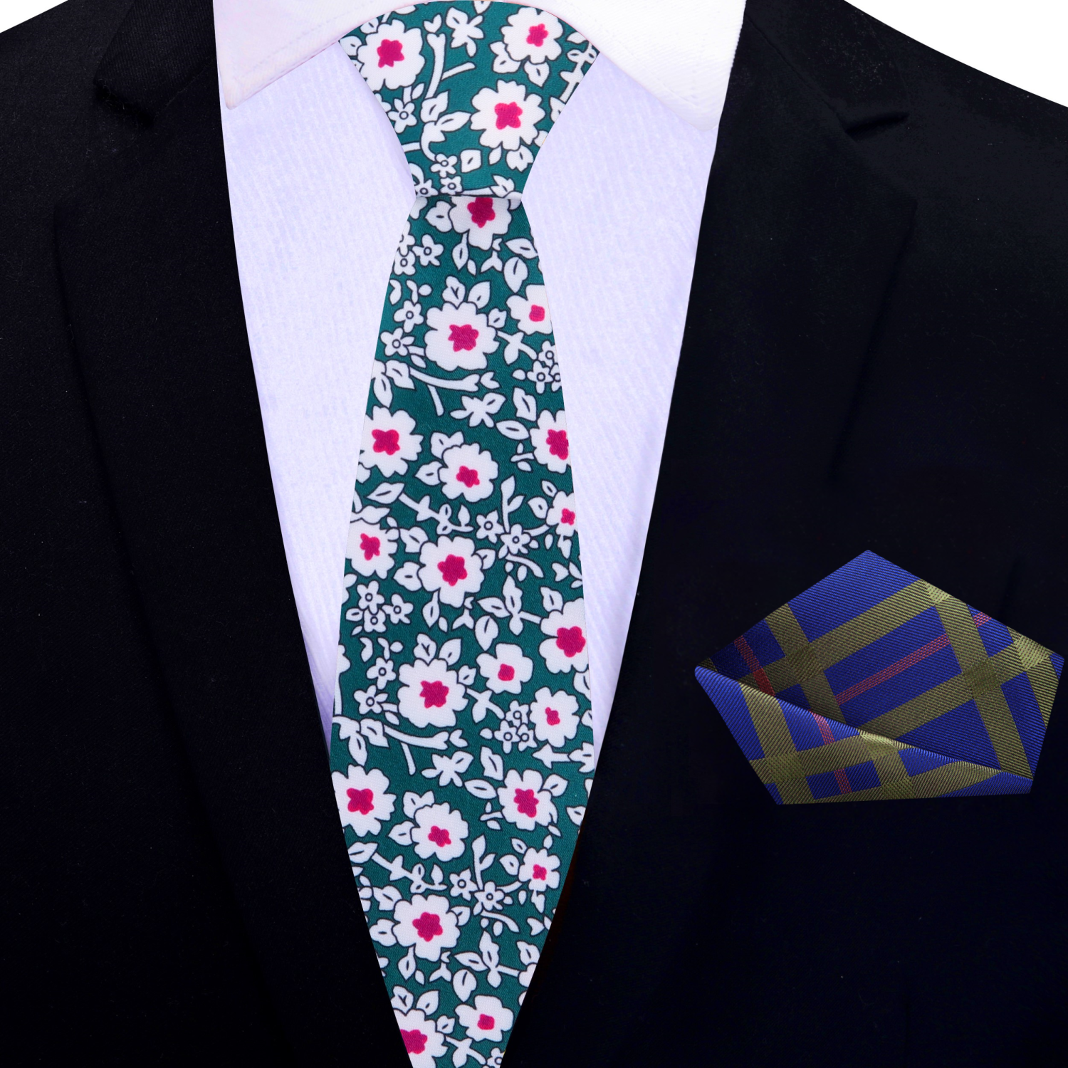 Thin Green, White, Pink Small Flowers Necktie and Accenting Plaid Paisley Square