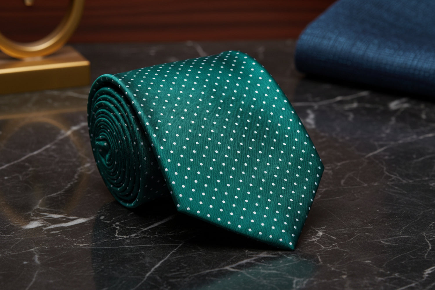 Green tie with white polka dots on a marble surface
