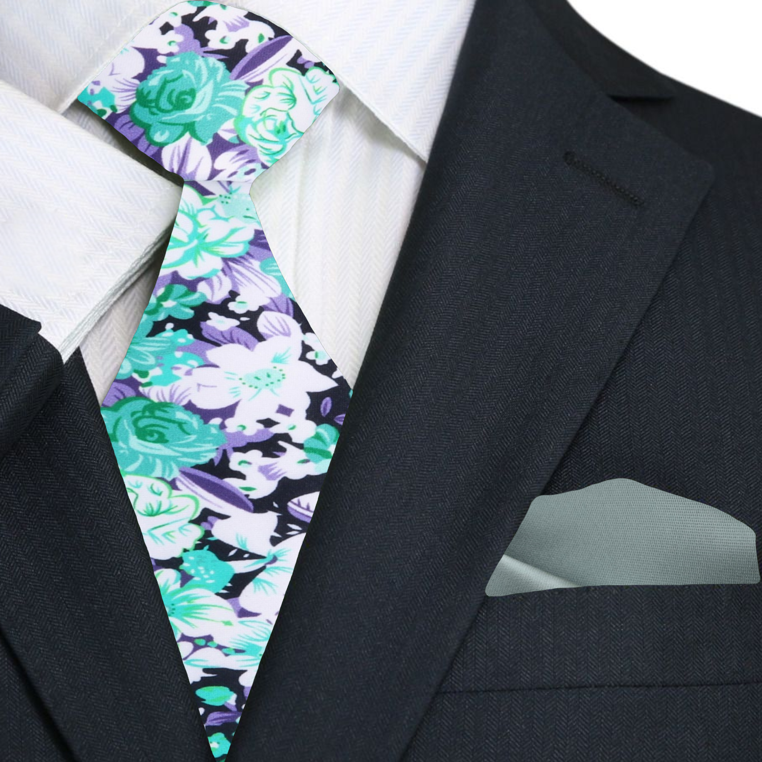 Green and Purple with White Floral Necktie and Green Square
