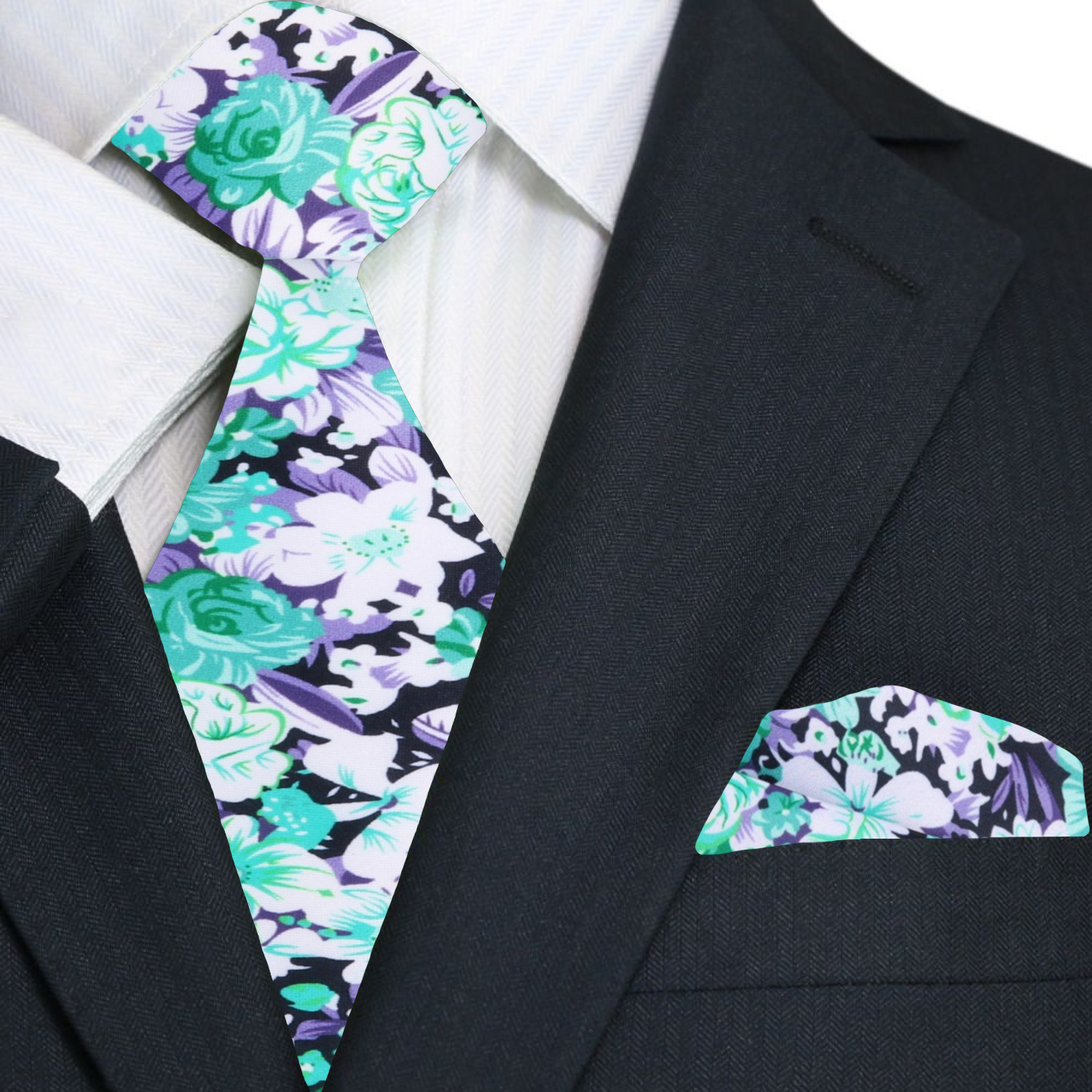 Green and Purple with White Floral Necktie and Square