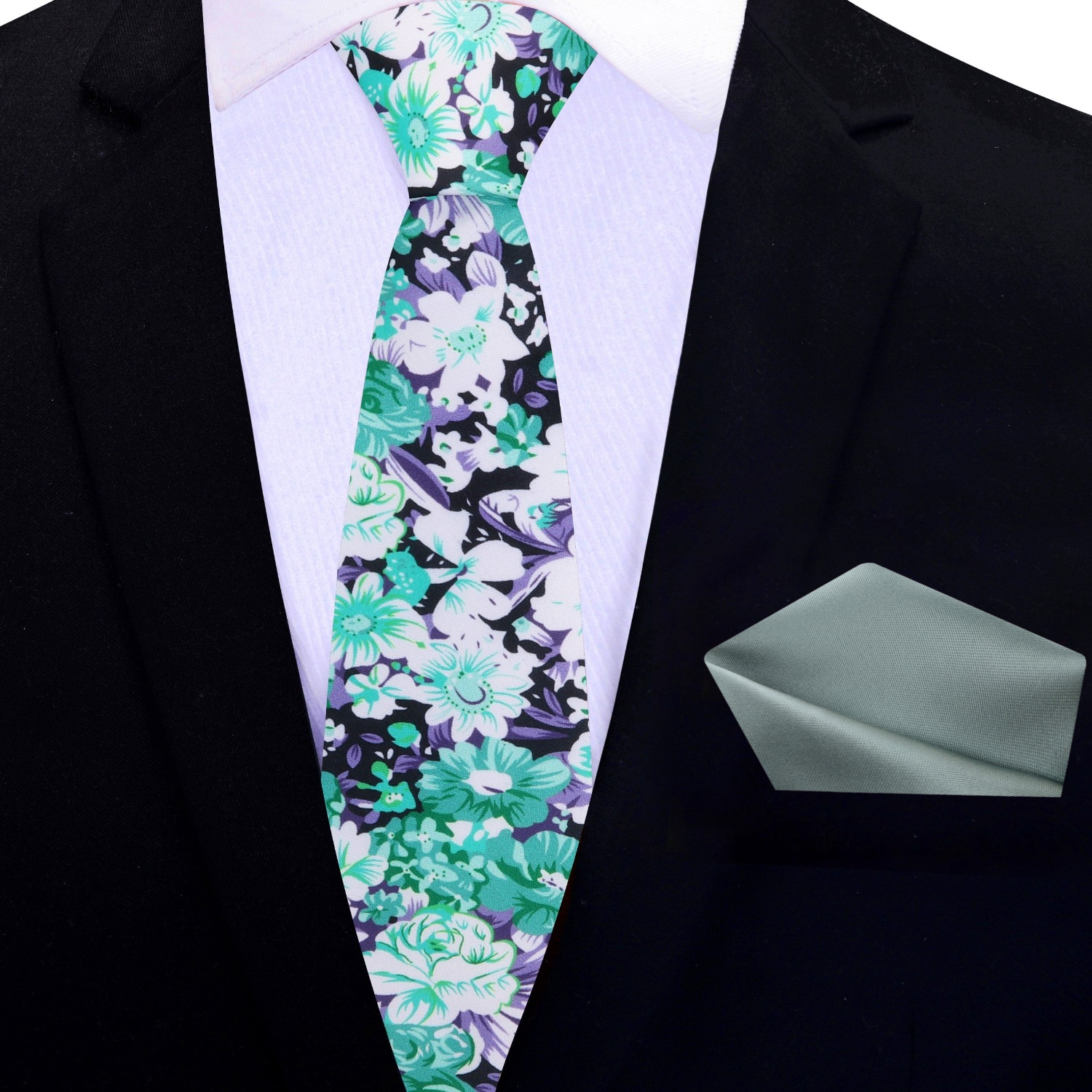 Thin Green and Purple with White Floral Necktie and Green Square