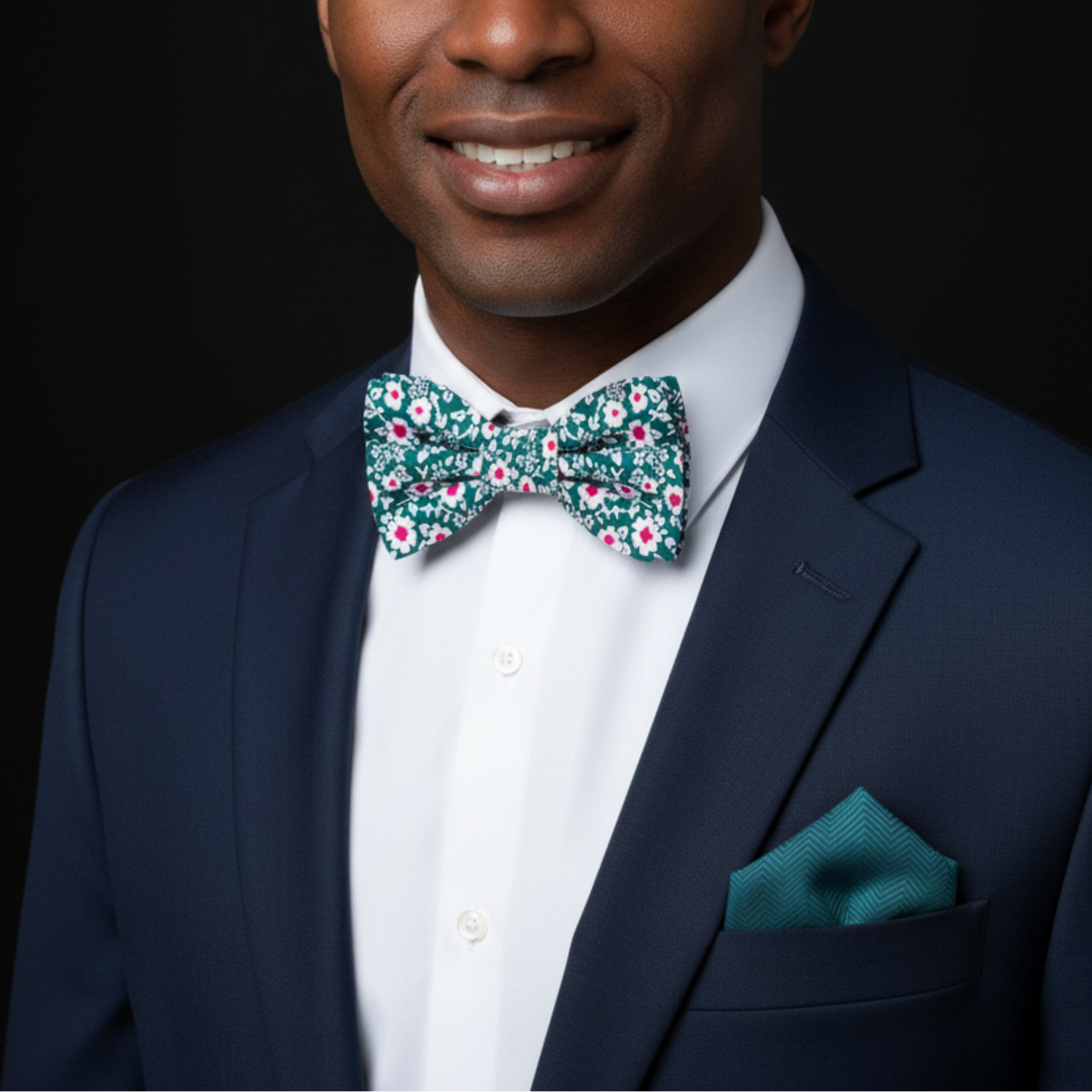 Green, White, Reddish Pink Small Flowers Bow Tie and Green Pocket Square