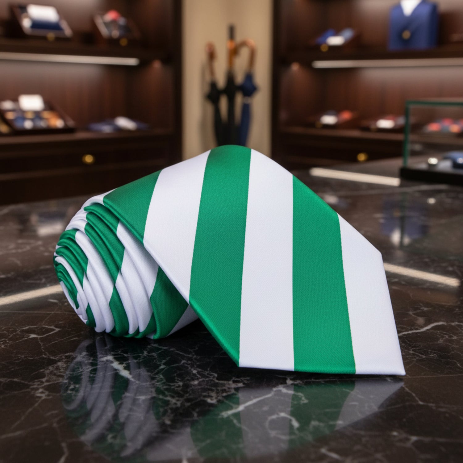 A green and white striped necktie rolled on the left, displayed on a marble background.