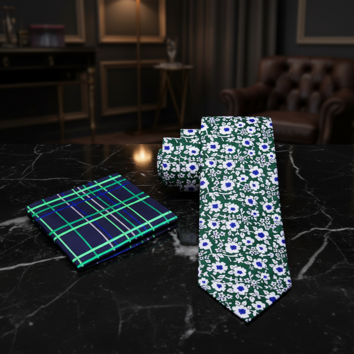 Alt Green, White, Blue Flowers Tie with Accenting Pocket Square