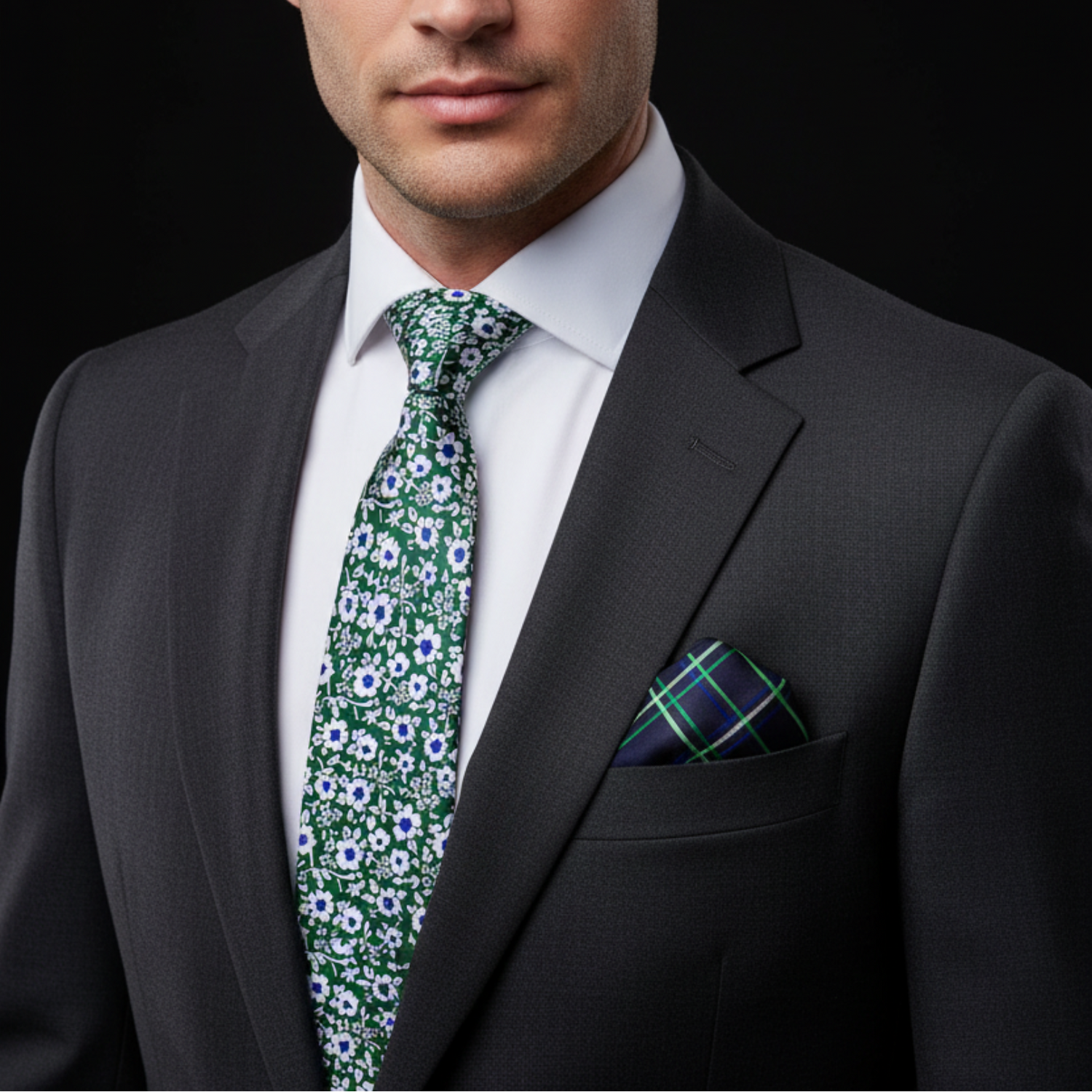 Man wearing green floral tie and accenting square on suit