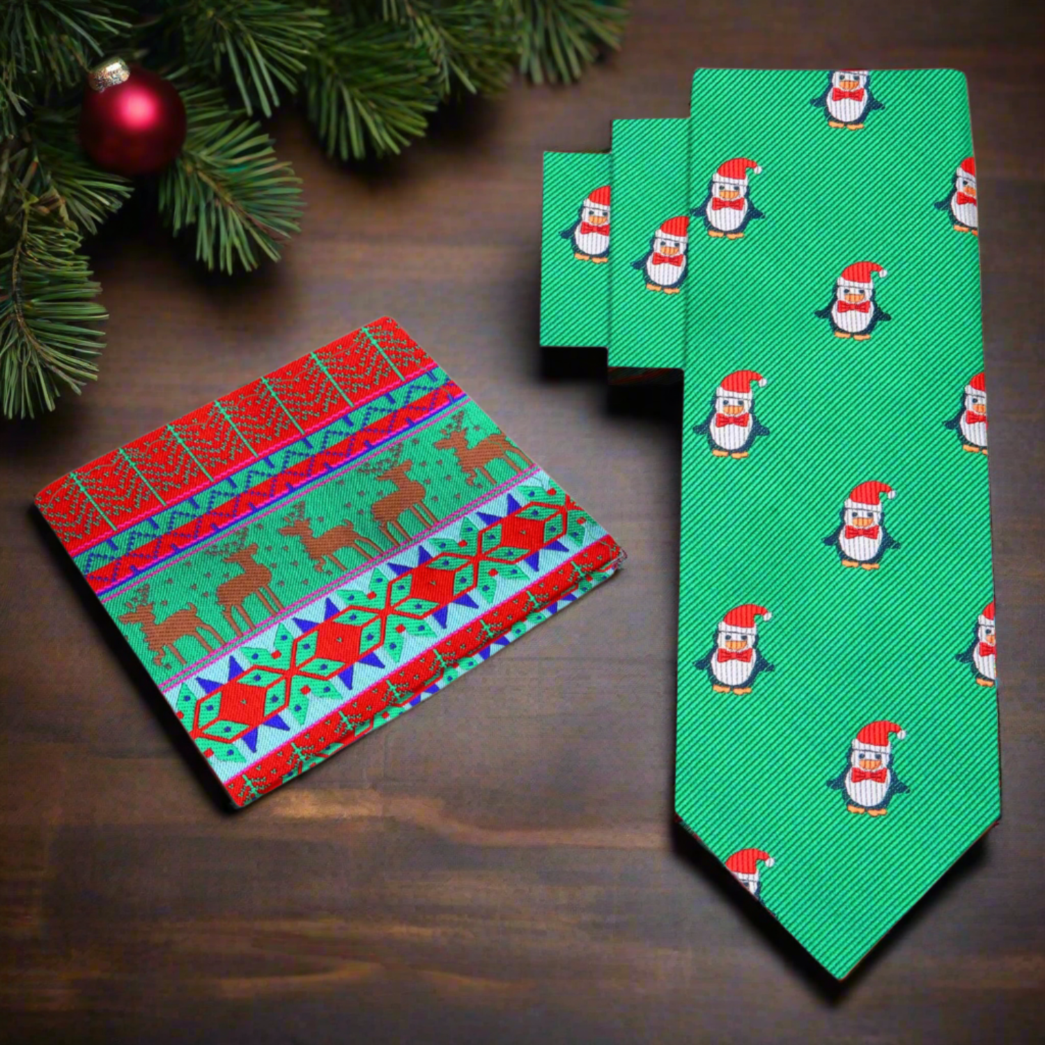 Green tie with penguin pattern and red and green patterned square on a wooden surface with Christmas decorations.