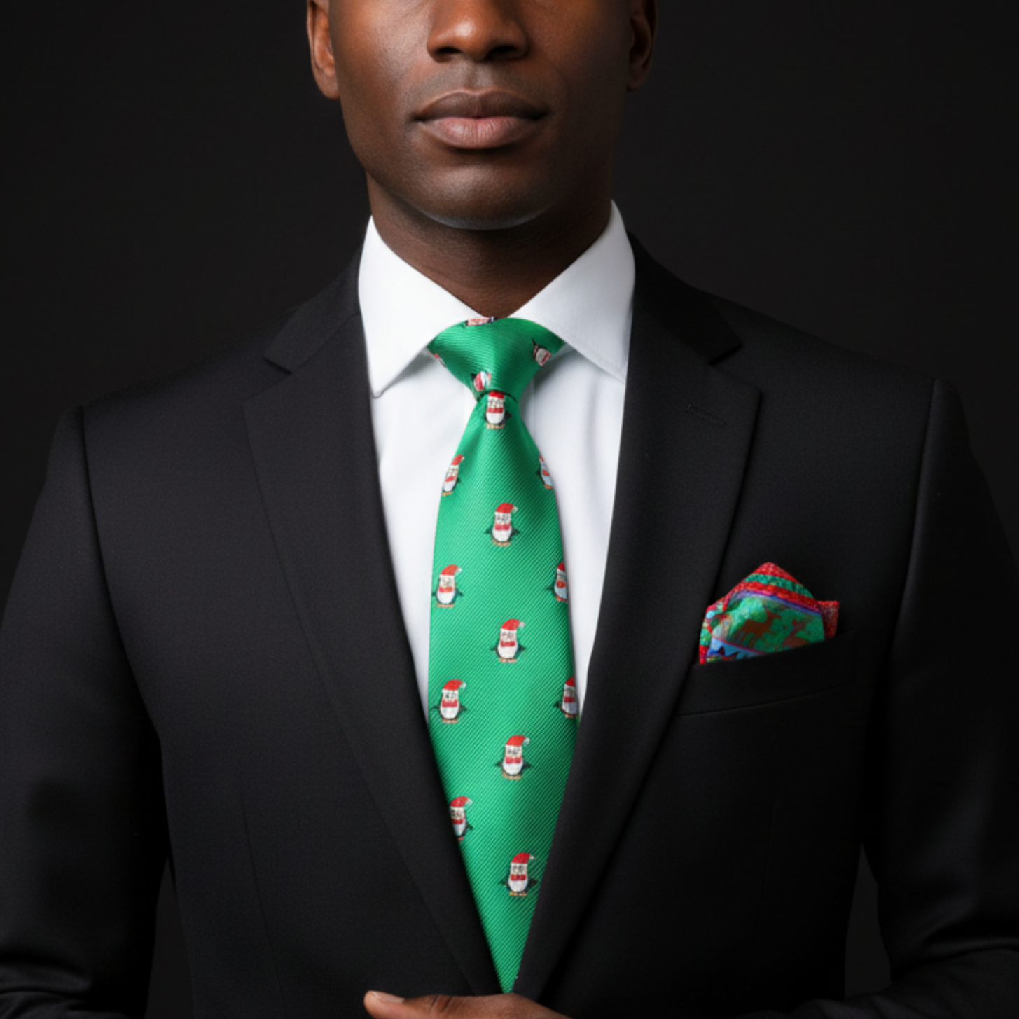 Alt Green and Red Christmas Penguin Tie and Accenting Pocket Square