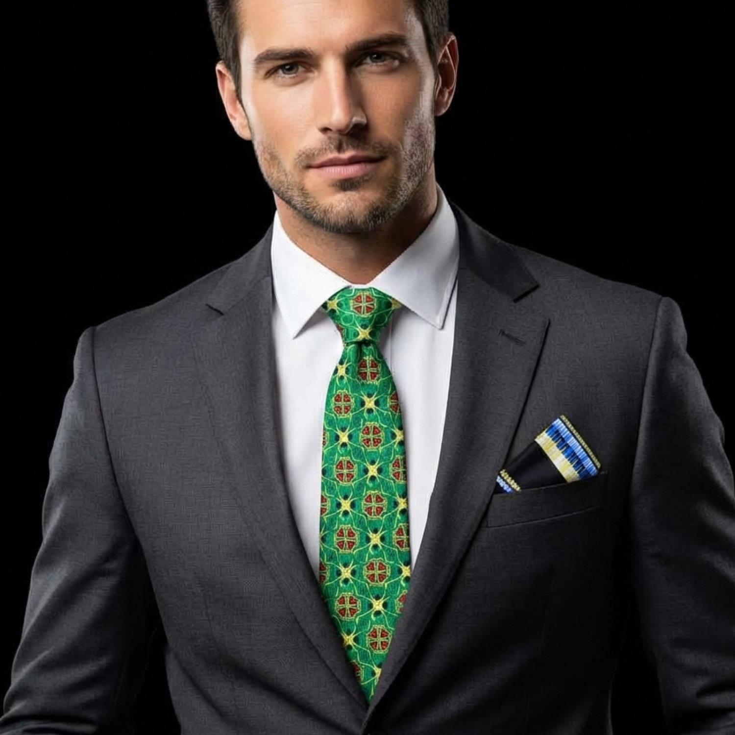 Man wearing a gray suit with a green patterned tie against a black background