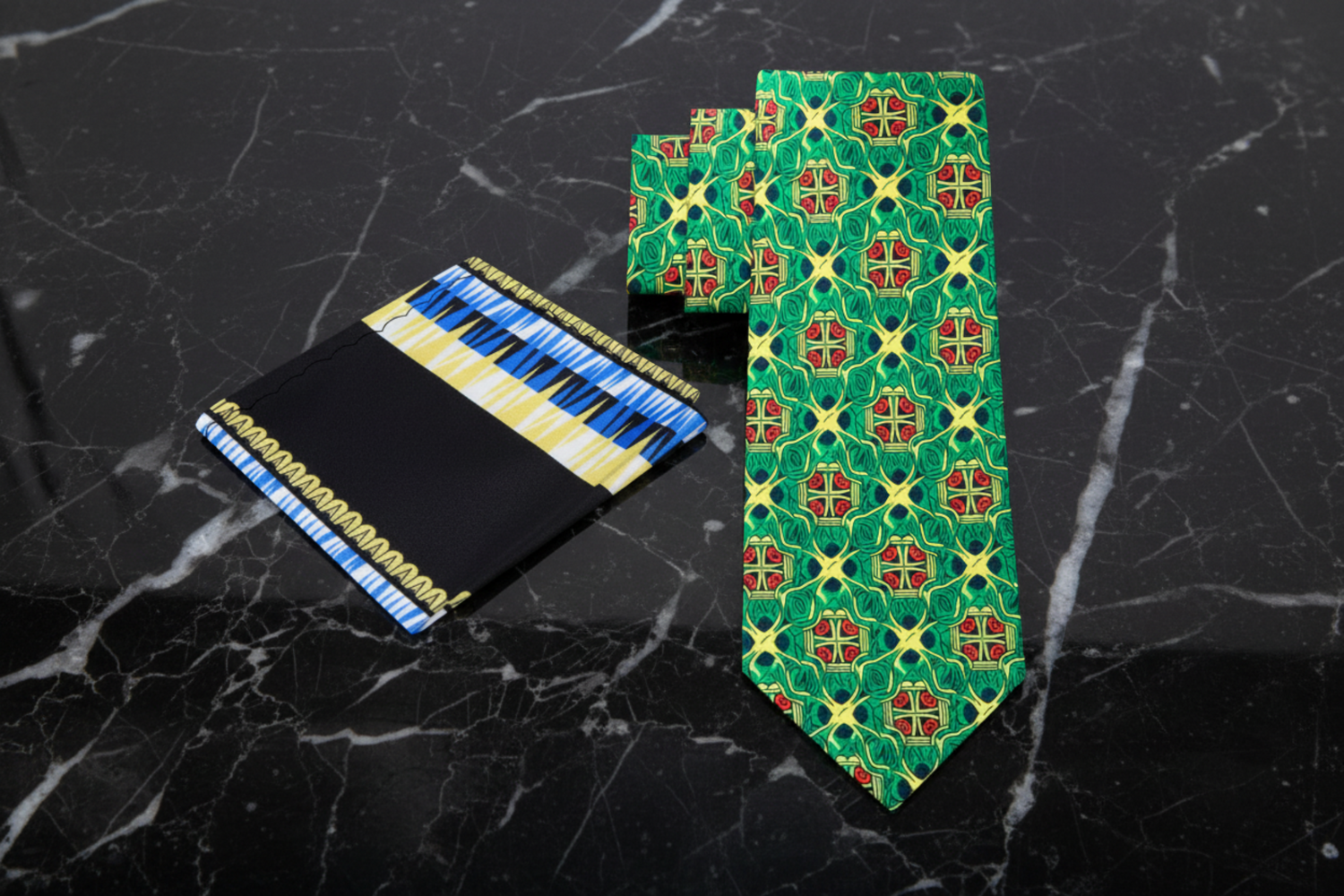 Green Yellow Abstract Necktie and Accenting Square 1