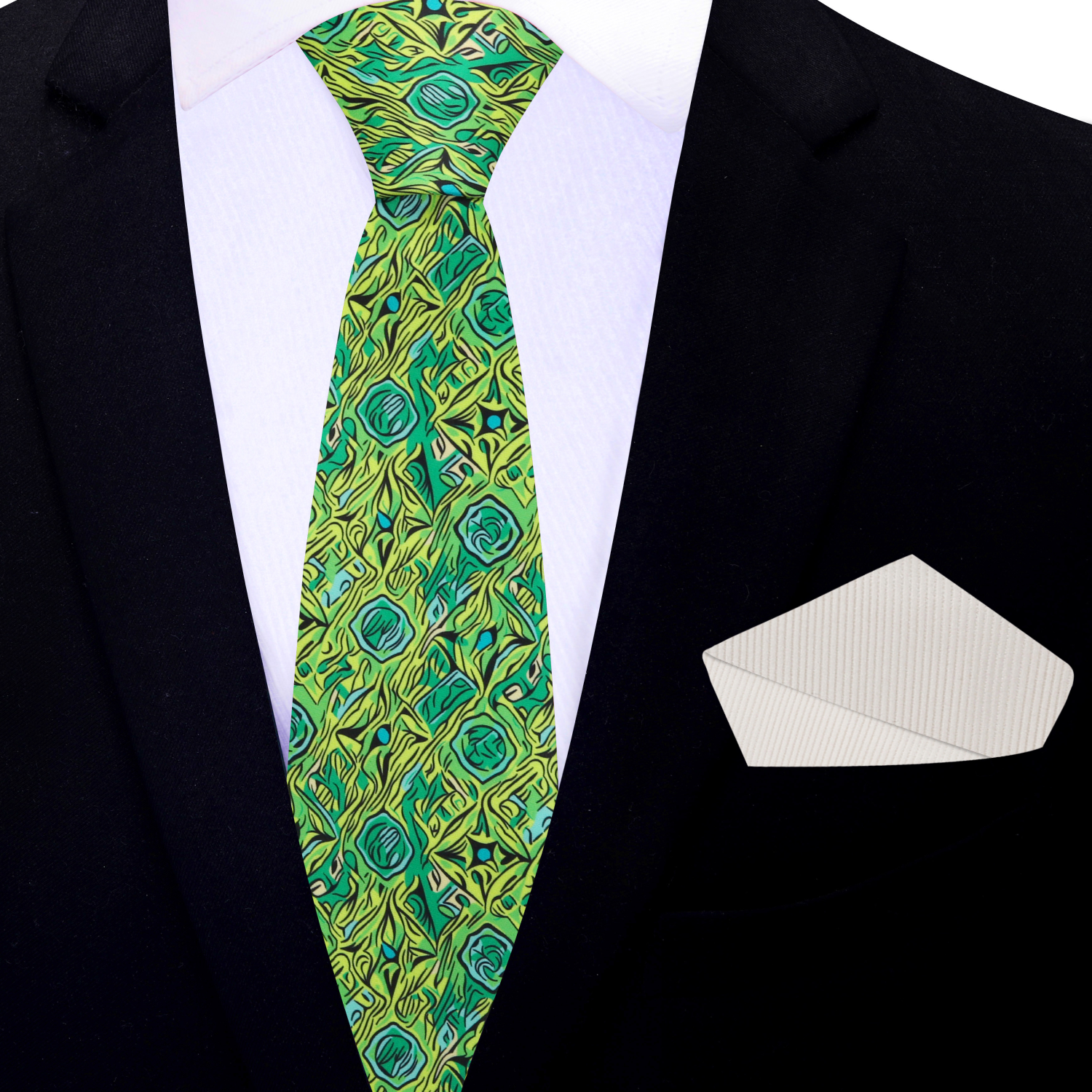 Green, Yellow, Blue Abstract Geometric Thin Tie and Cream Square