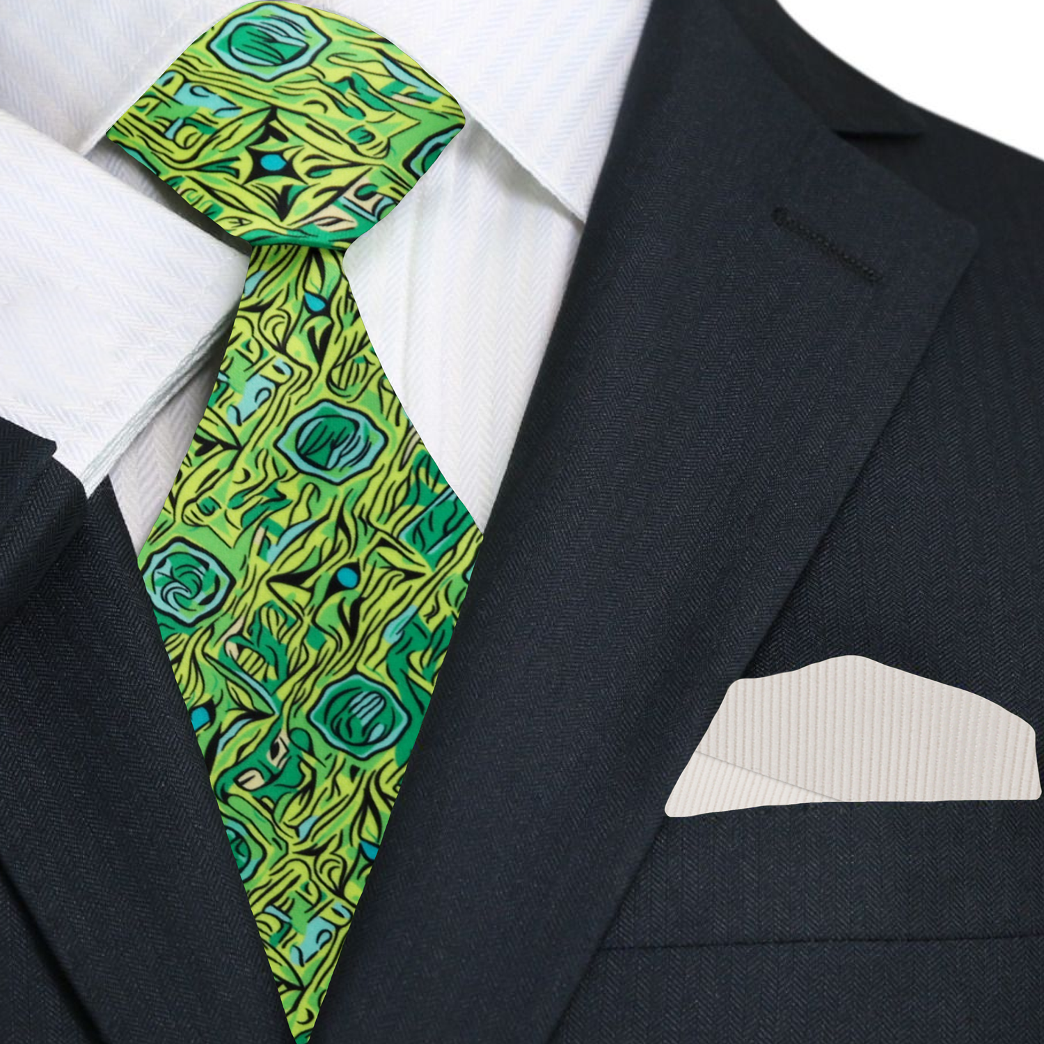 Green, Yellow, Blue Abstract Geometric Tie and Cream Square 1