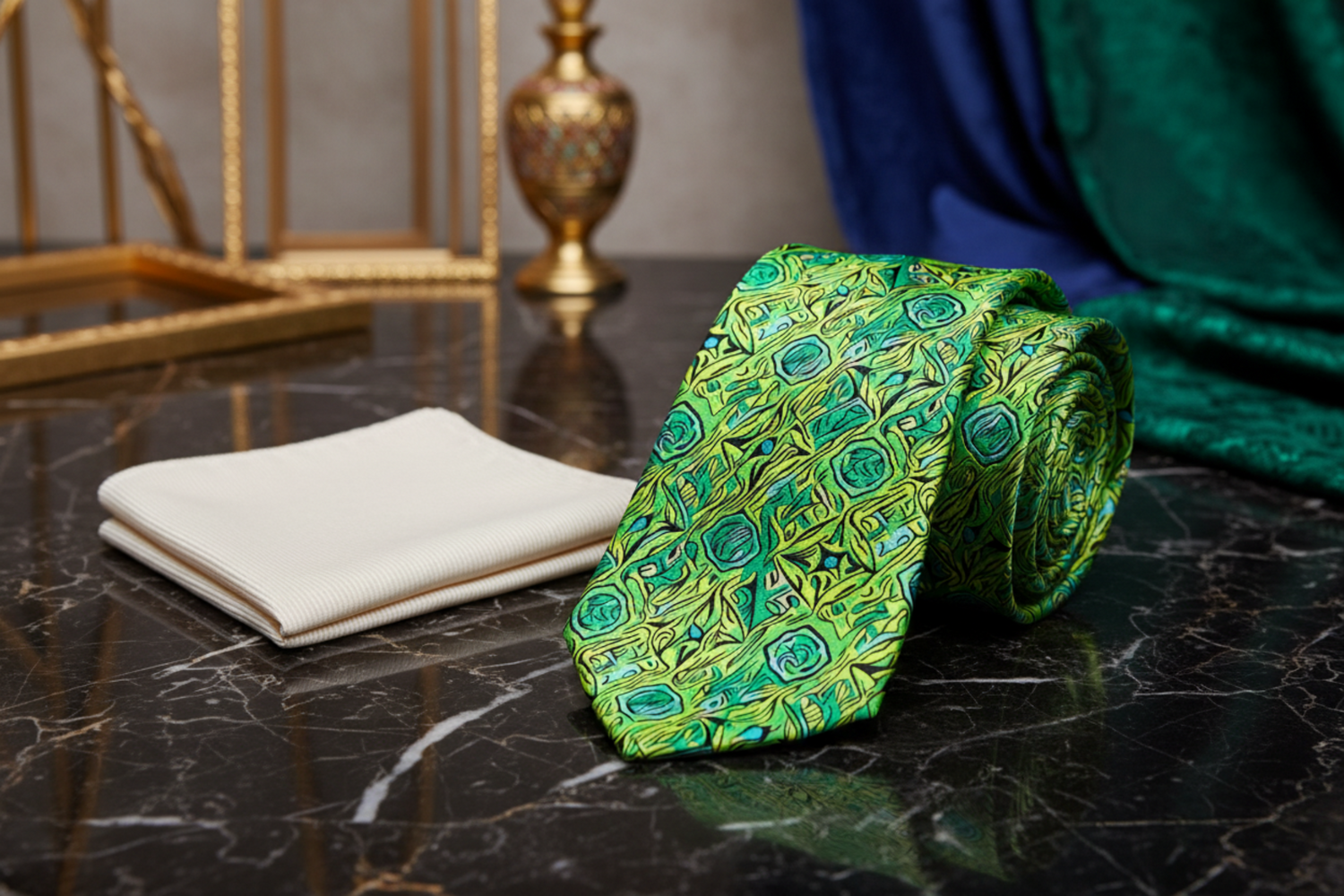 Green, Yellow, Blue Abstract Geometric Tie and Cream Square 2