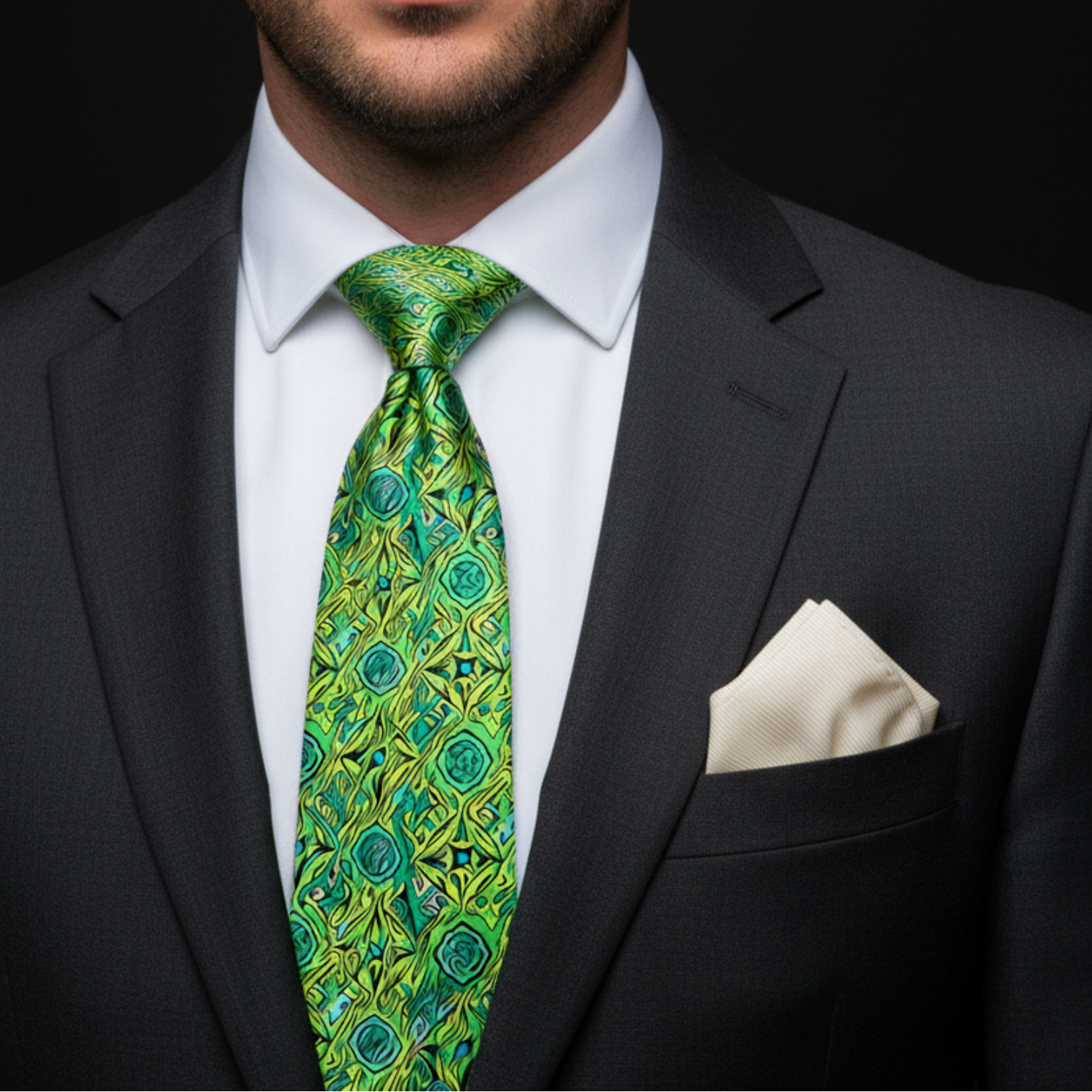 Green, Yellow, Blue Abstract Geometric Tie and Cream Square on Man