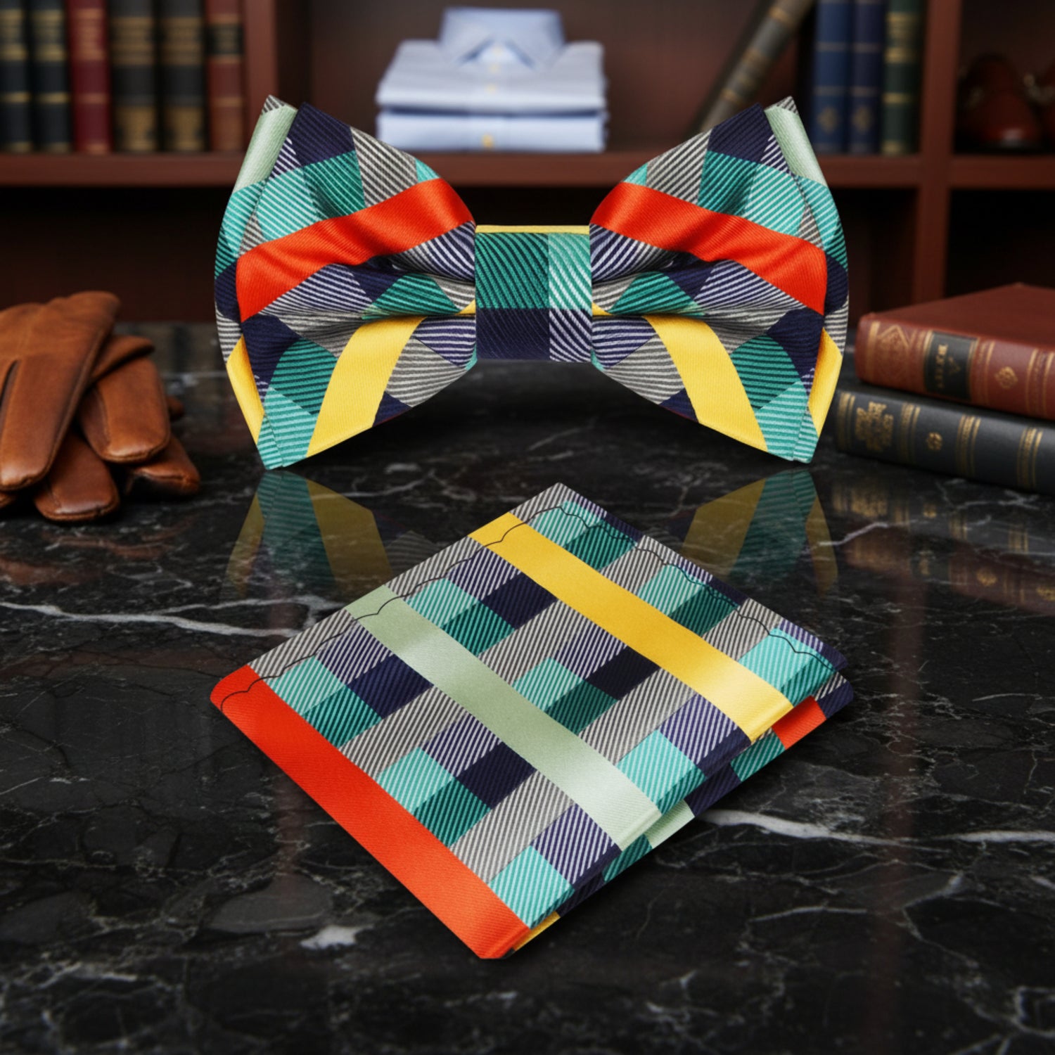 Green orange and yellow plaid bow tie and square
