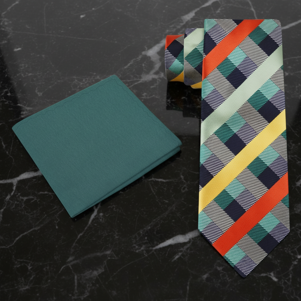 A Green, Yellow and Orange Plaid Necktie and Green Square