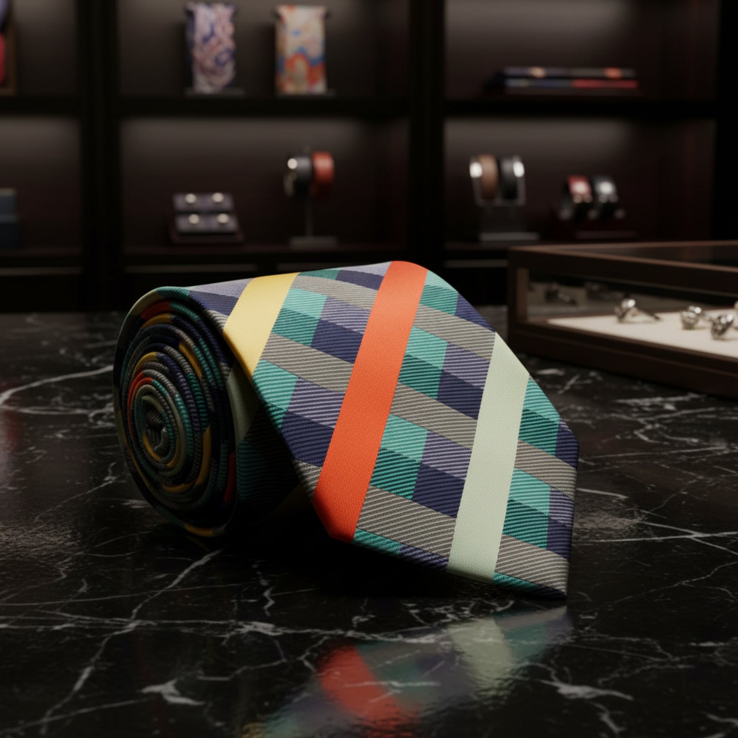 Green orange and Yellow plaid tie