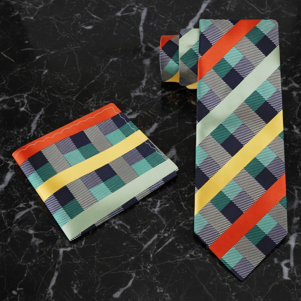 Alt A Green, Yellow and Orange Plaid Necktie and matching Square