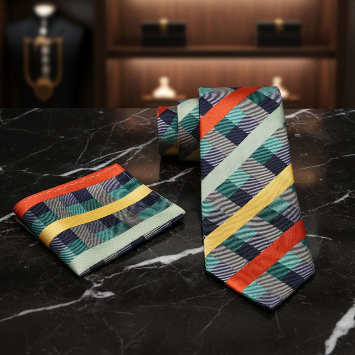 Green orange and Yellow plaid tie and square