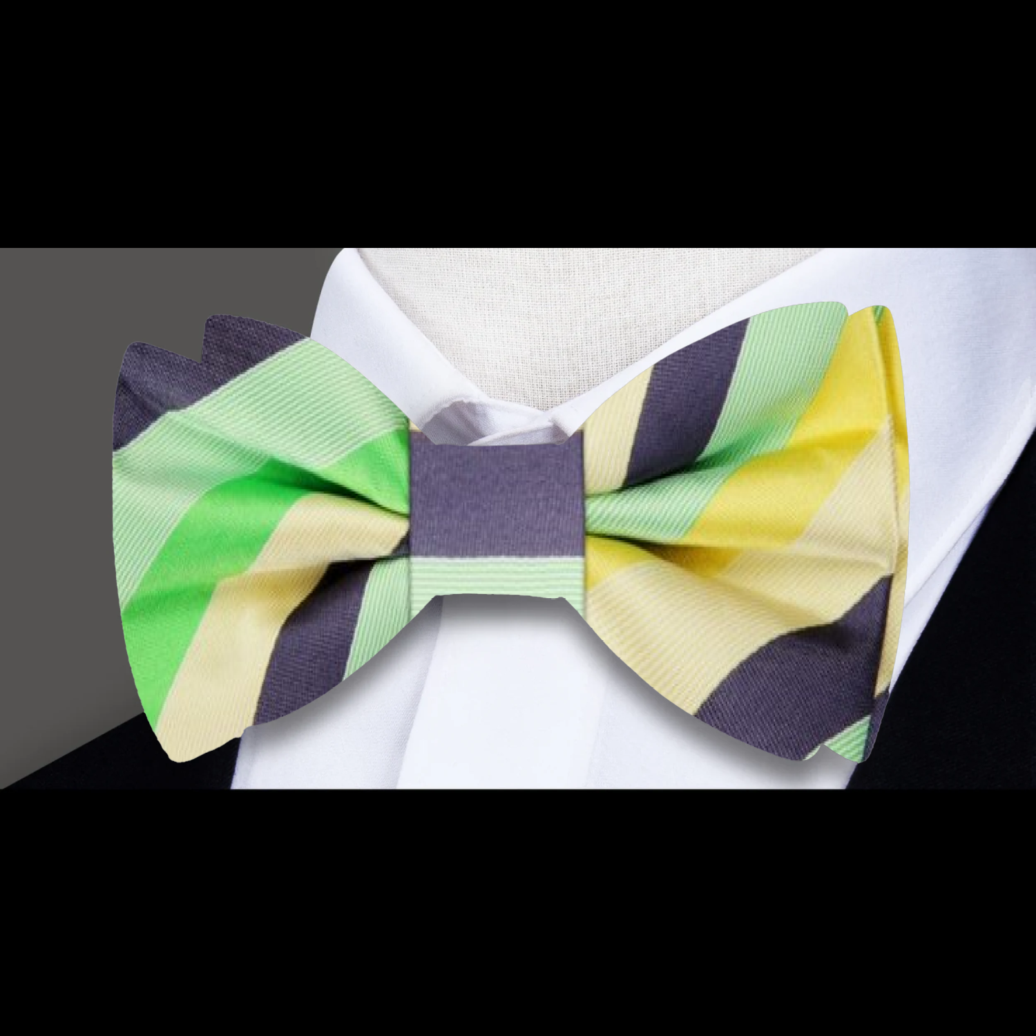 Green Yellow Stripe Bow Tie||Green, Yellow, Grey