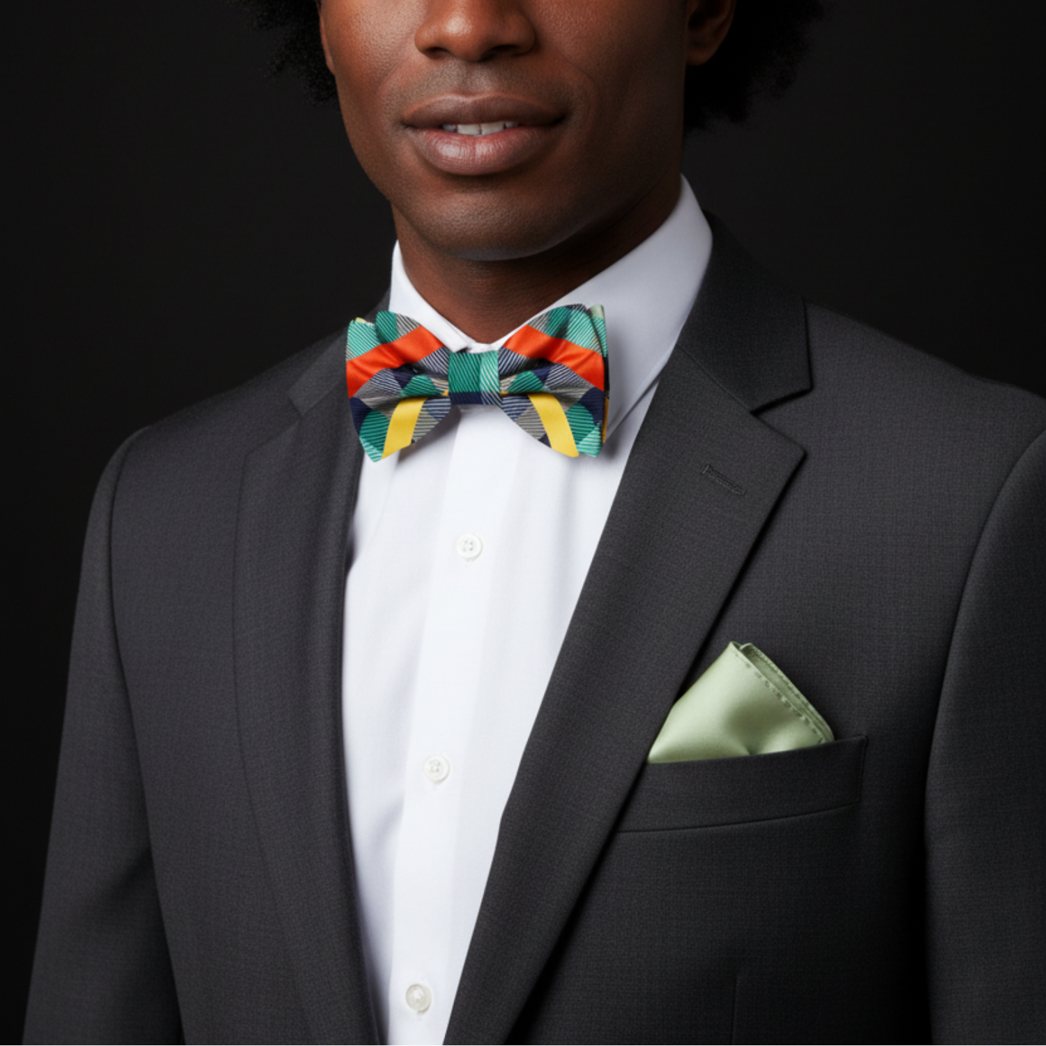 Green, Yellow, Orange Plaid Bow Tie and Accenting Pocket Square