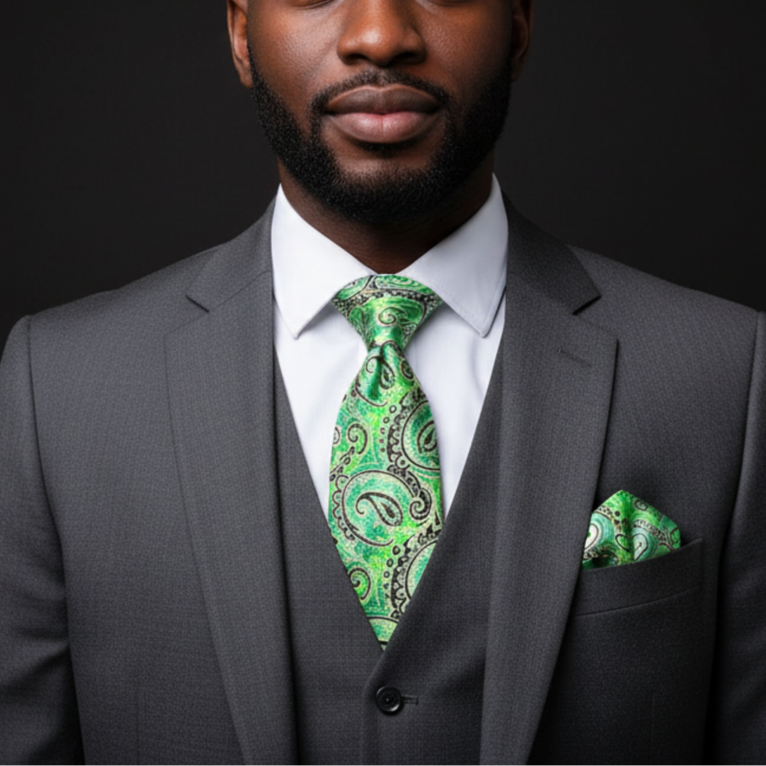 Man wearing a gray suit with a green paisley tie and pocket square on a black background