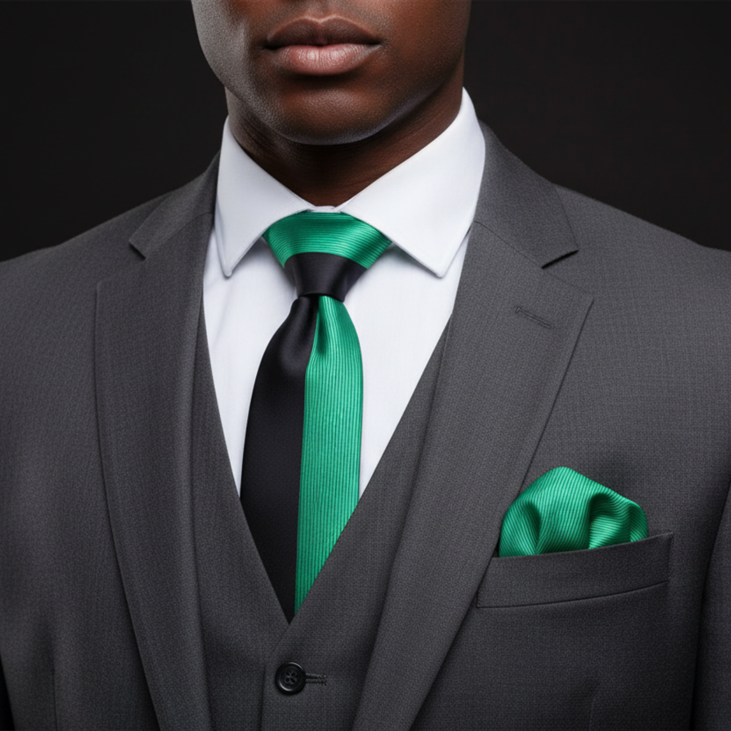 Man wearing a gray suit with a green tie and pocket square against a black background