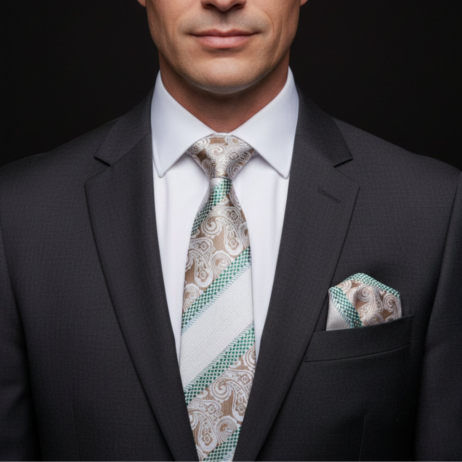 Man wearing a gray suit with a patterned tie and pocket square on a black background