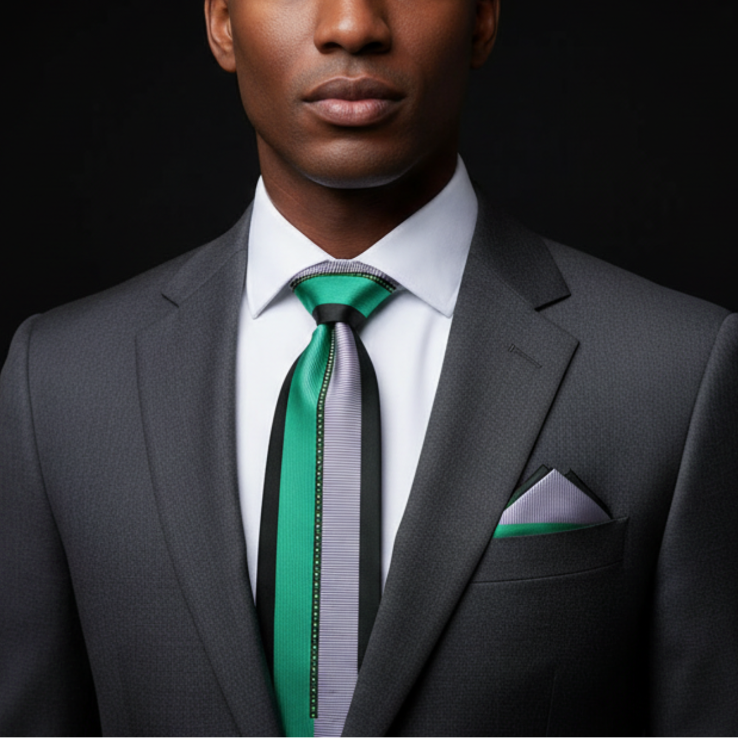 Man wearing a gray suit with a green tie against a black background