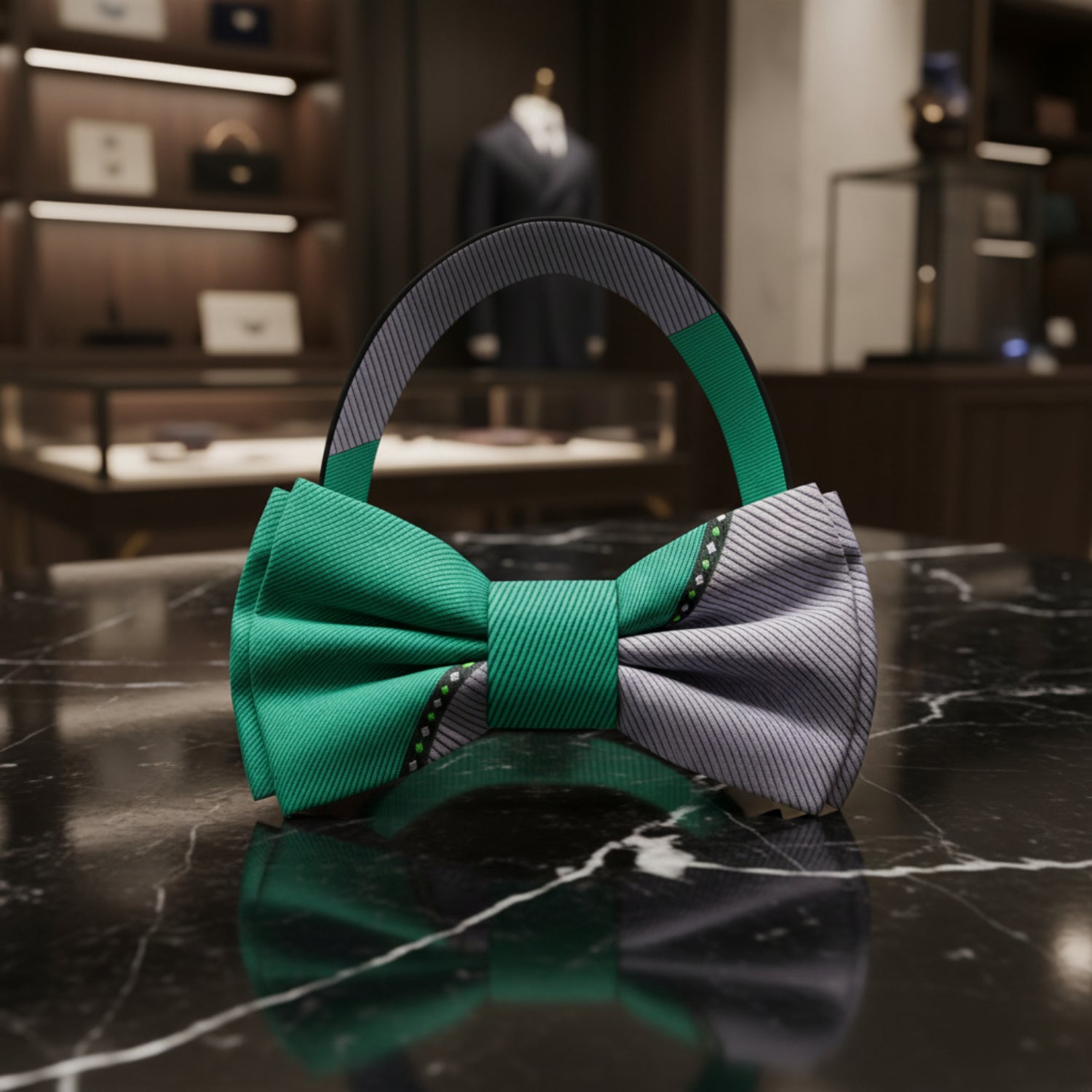 Green, Grey Lined Pre Tied Bow Tie
