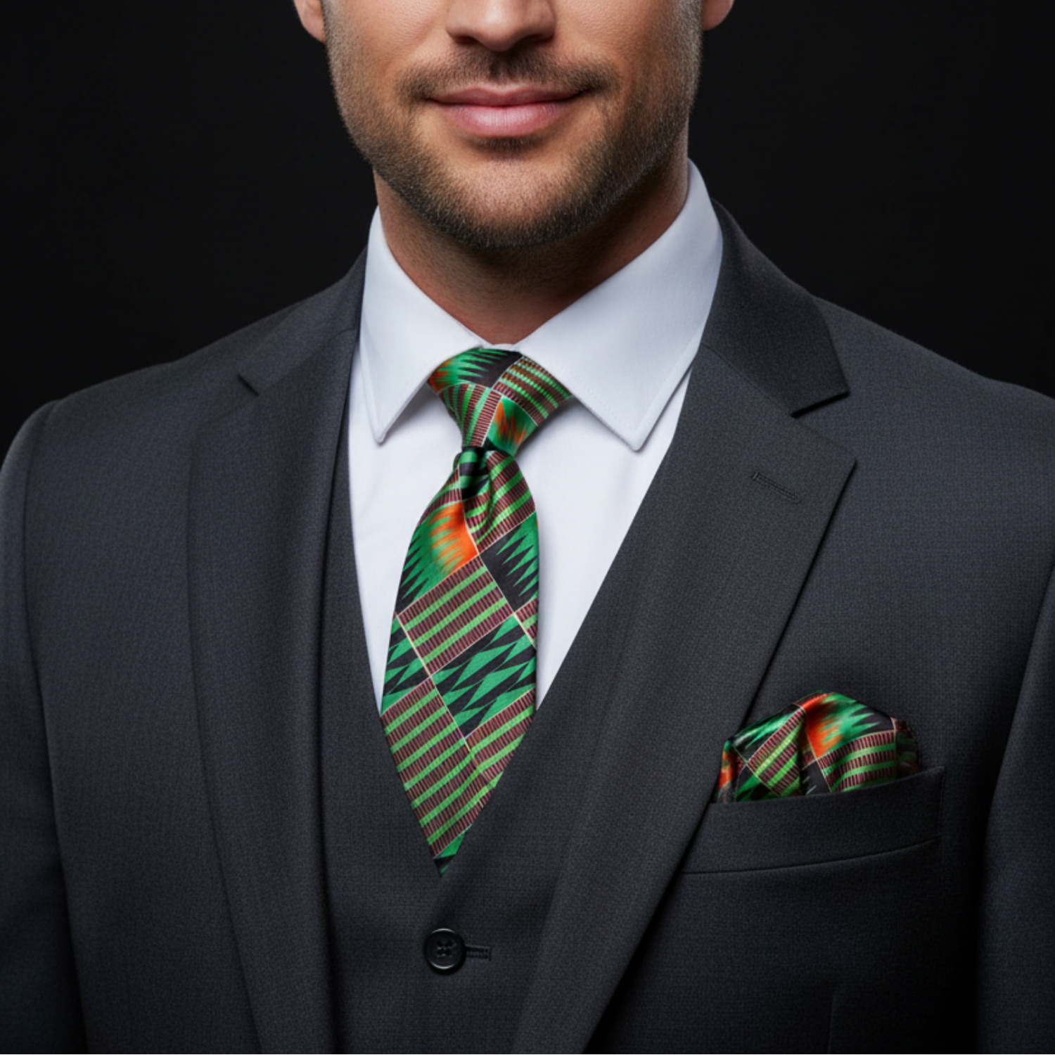 Man wearing a dark suit with a green striped tie and pocket square on a black background