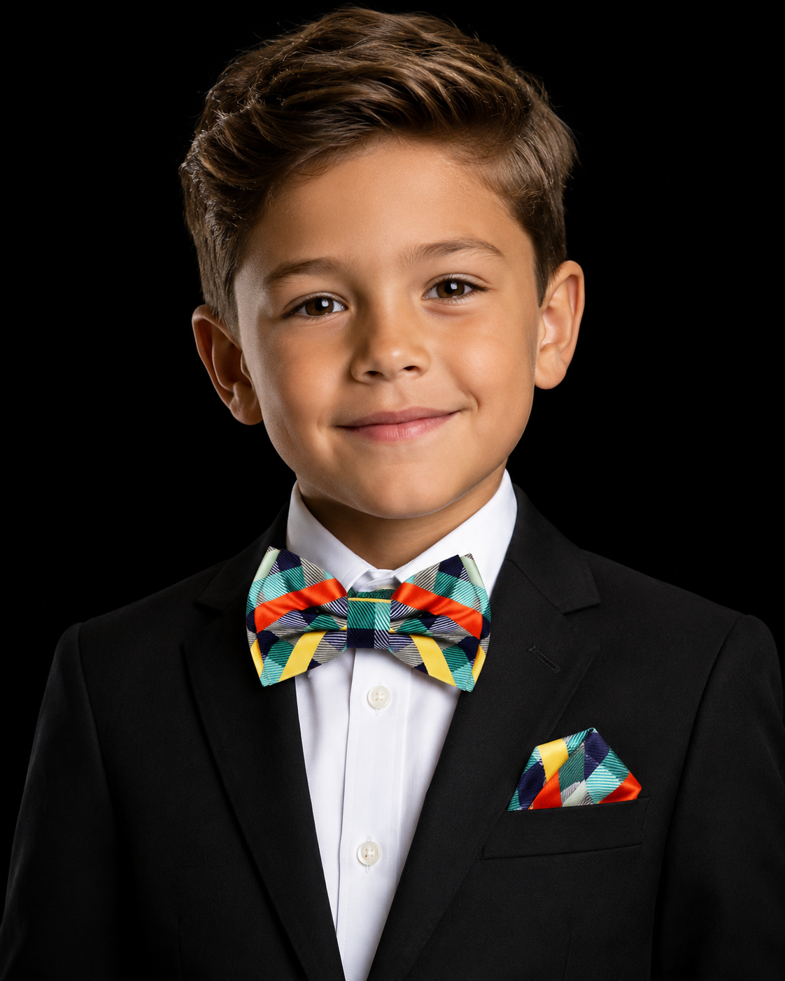 Green orange and yellow plaid bow tie and square on boy with formal suit