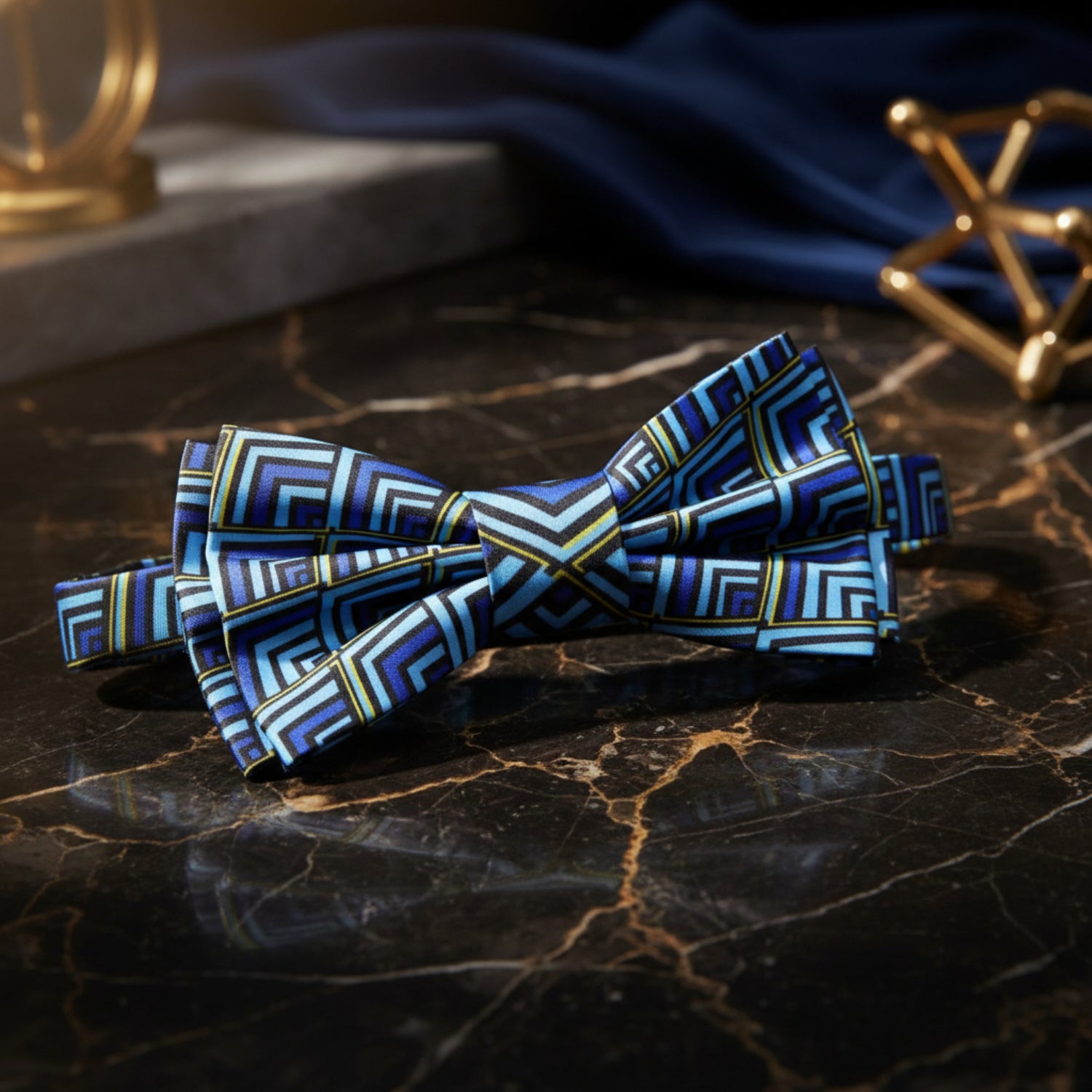 pre tied Light Blue Yellow Geometric Bow Tie 
