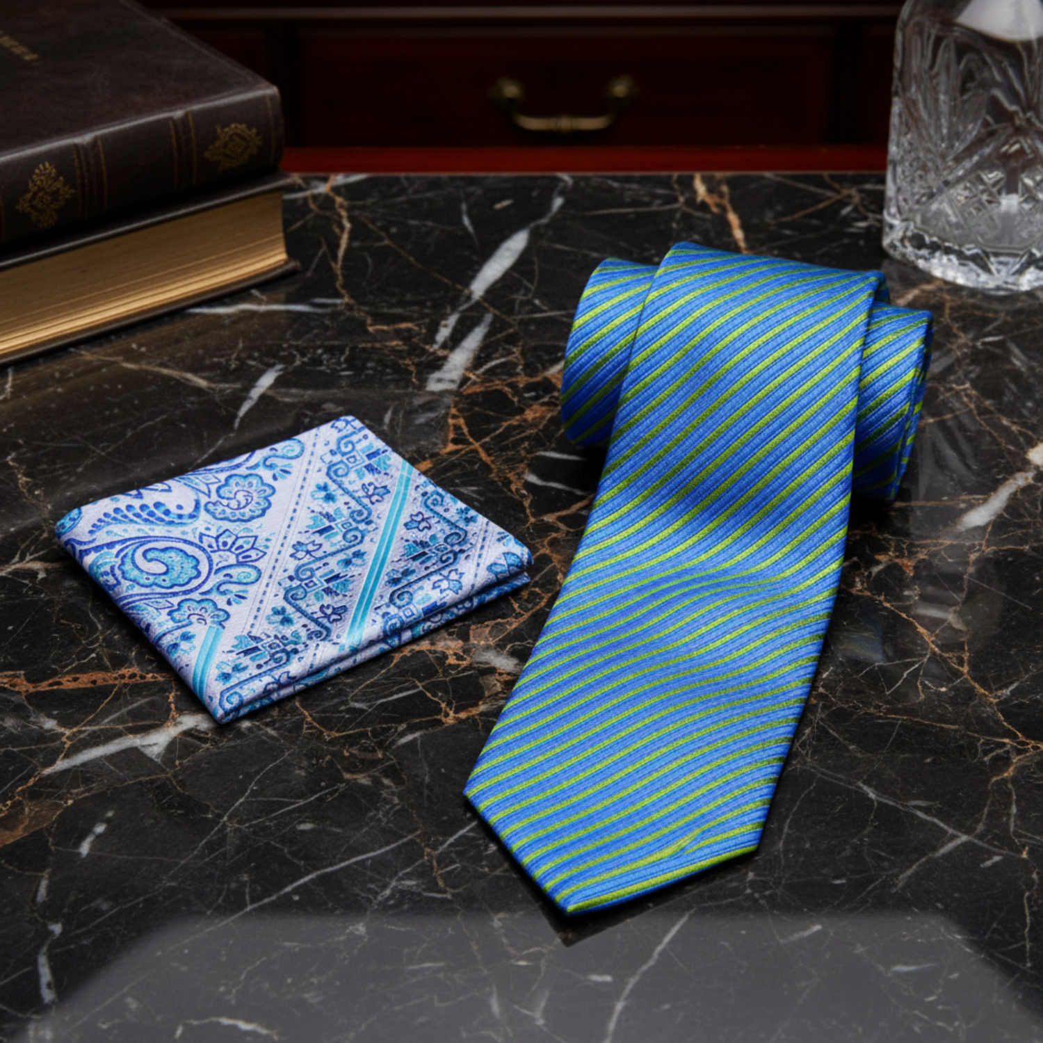 Blue and green striped tie with a blue paisley pocket square 