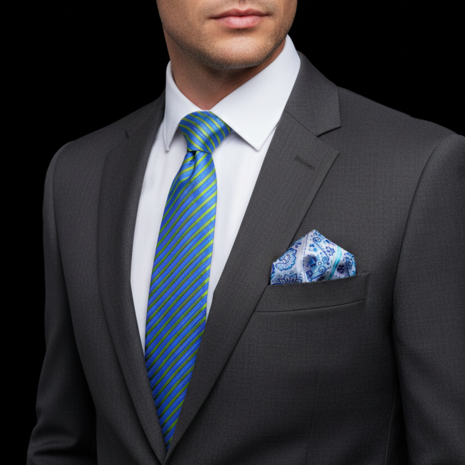 Man wearing a gray suit with a blue striped tie and patterned pocket square on a black background