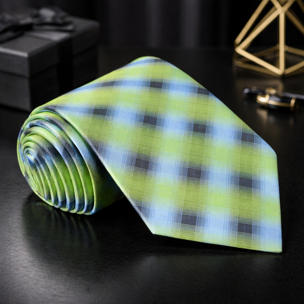 Green blue Plaid Tie on Black marble