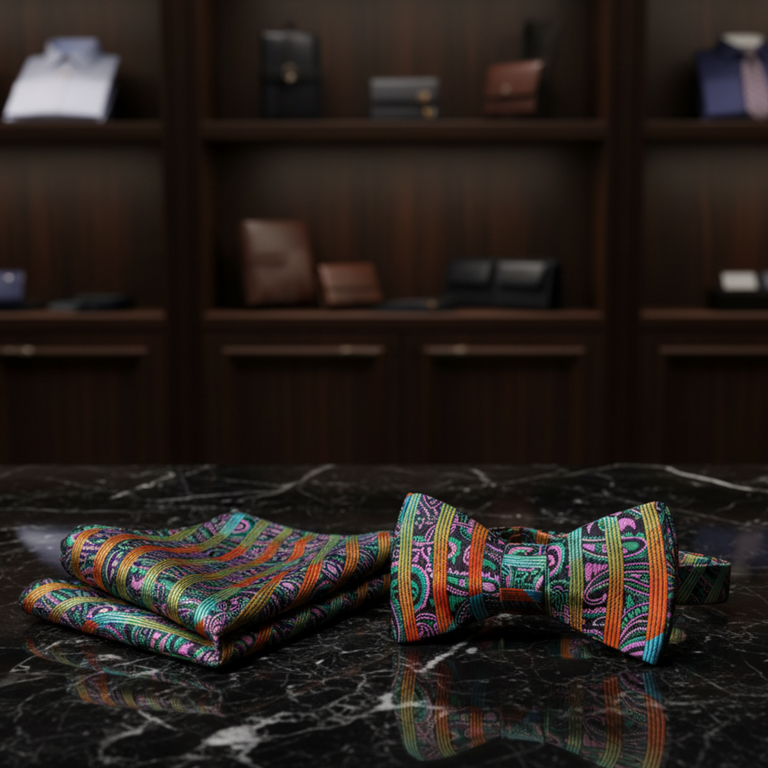 Colorful bow tie and pocket square set on a white background