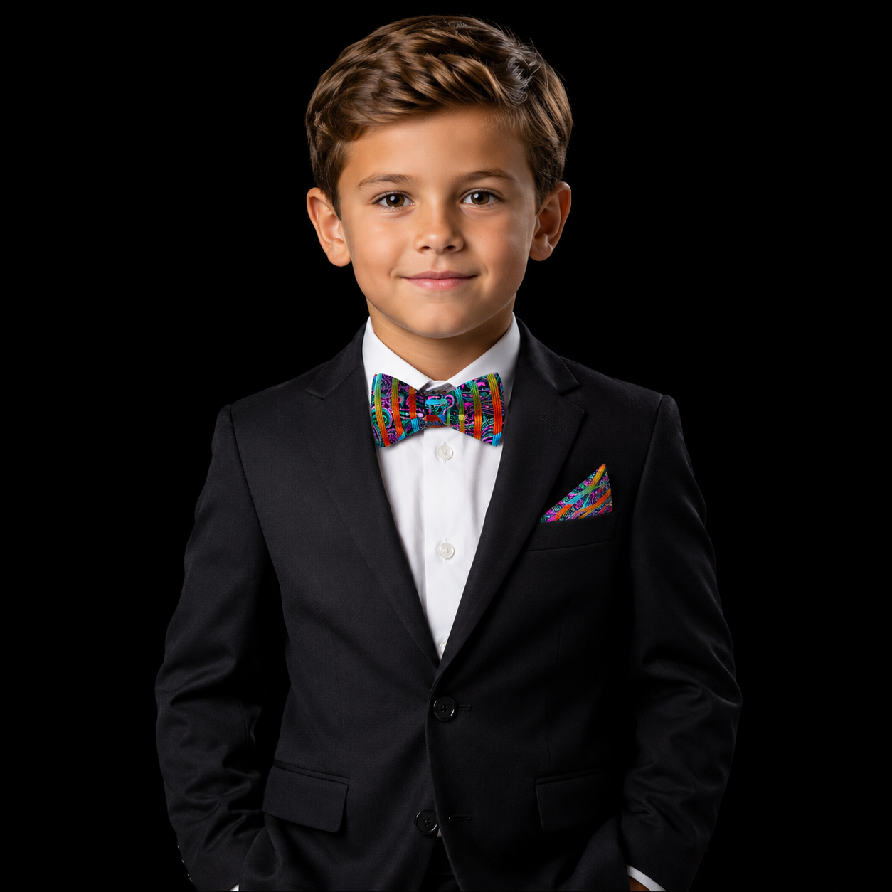 Young boy in a black suit with a colorful bow tie on a black background